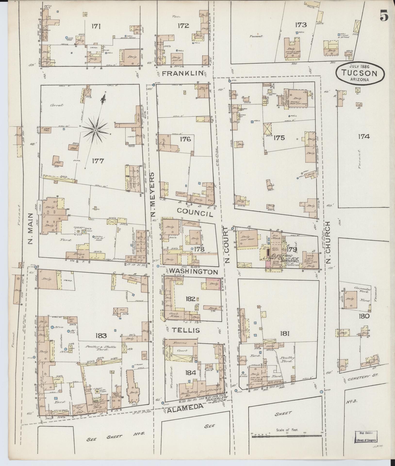 Sanborn Fire Insurance Map from Tucson, Pima County, Arizona (1886), Sheet #0005 - Complete Map Set gallery image, historic Sanborn map, vintage wall art, Arizona Arizona