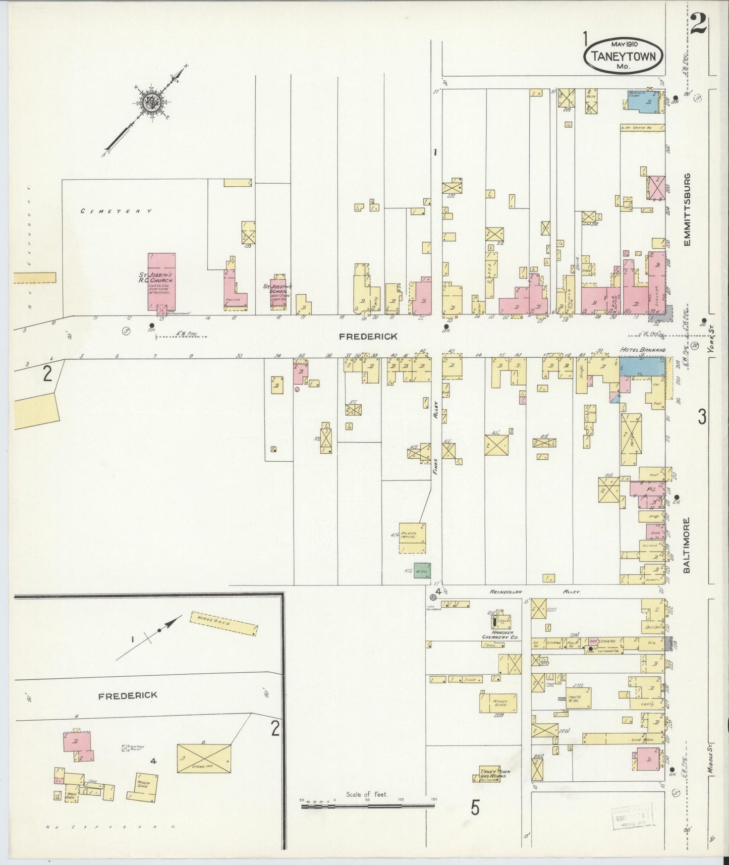 Sanborn Fire Insurance Map from Taneytown, Carroll County, Maryland (1910), Sheet #0002 - Historic Sanborn Fire Insurance Map Print, vintage old map wall art, antique decor, genealogy gift, Maryland Maryland map