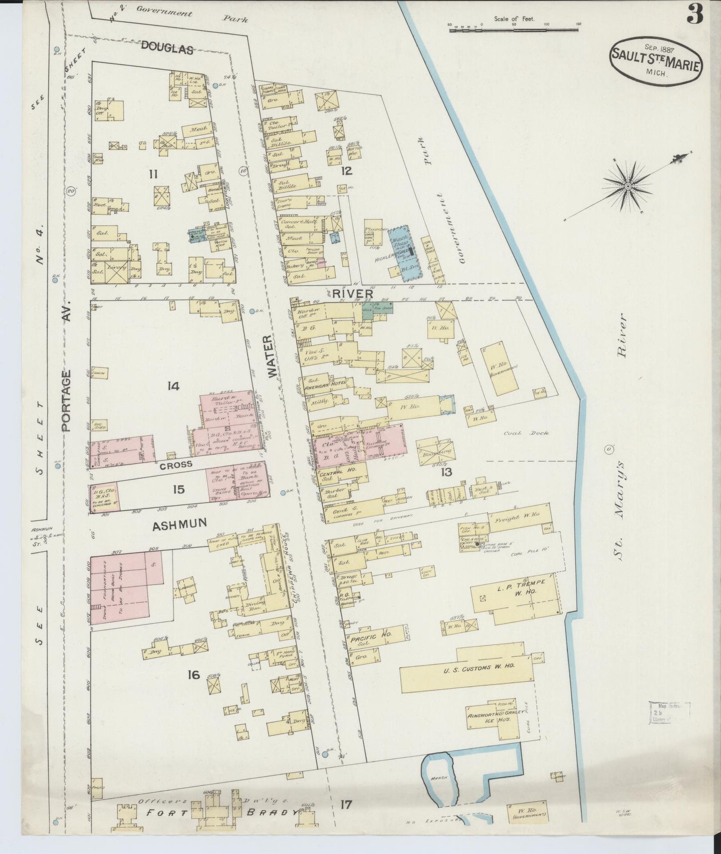 Sanborn Fire Insurance Map from Sault Sainte Marie, Chippewa County, Michigan (1887), Sheet #0003 - Complete Map Set gallery image, historic Sanborn map, vintage wall art, Michigan Michigan