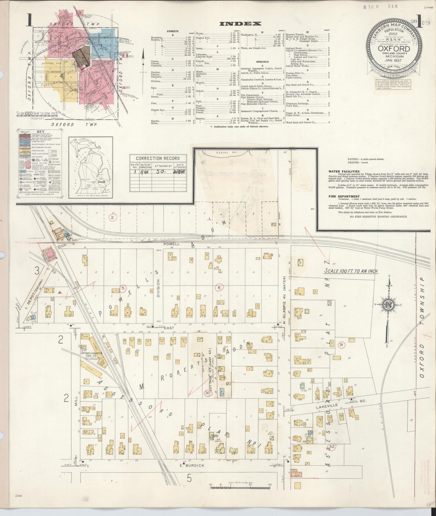 Sanborn Fire Insurance Map from Oxford, Oakland County, Michigan (1945), Sheet #0001 - Complete Map Set gallery image, historic Sanborn map, vintage wall art, Michigan Michigan