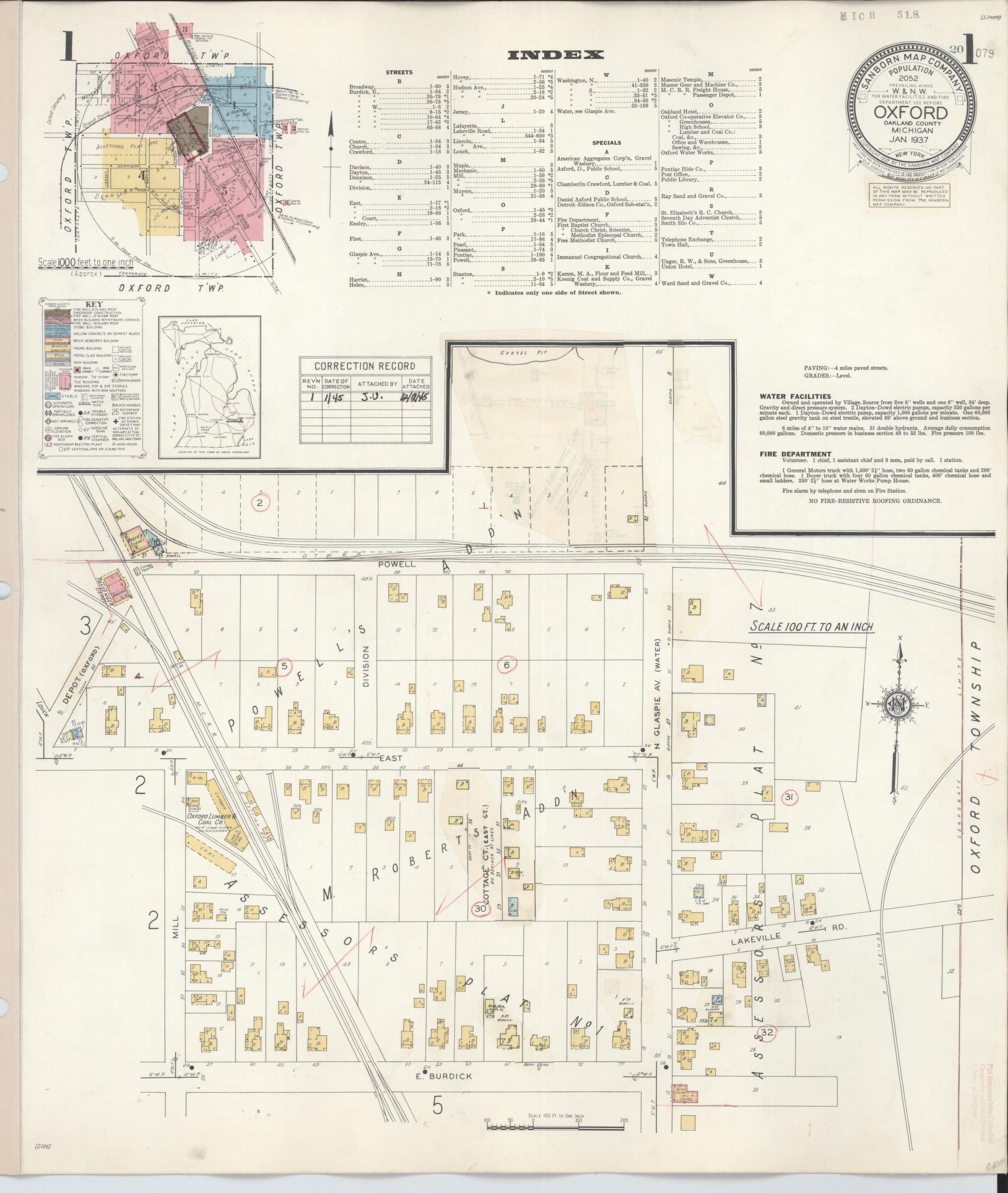 Sanborn Fire Insurance Map from Oxford, Oakland County, Michigan (1945), Sheet #0001 - Complete Map Set gallery image, historic Sanborn map, vintage wall art, Michigan Michigan