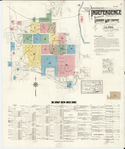 Sanborn Fire Insurance Map from Independence, Montgomery County, Kansas (1916), Sheet #0001 - Complete Map Set gallery image, historic Sanborn map, vintage wall art, Kansas Kansas