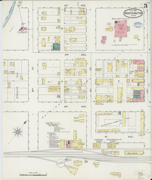 Sanborn Fire Insurance Map from Worthington, Nobles County, Minnesota (1894), Sheet #0003 - Historic Sanborn Fire Insurance Map Print, vintage old map wall art, antique decor, genealogy gift, Minnesota Minnesota map