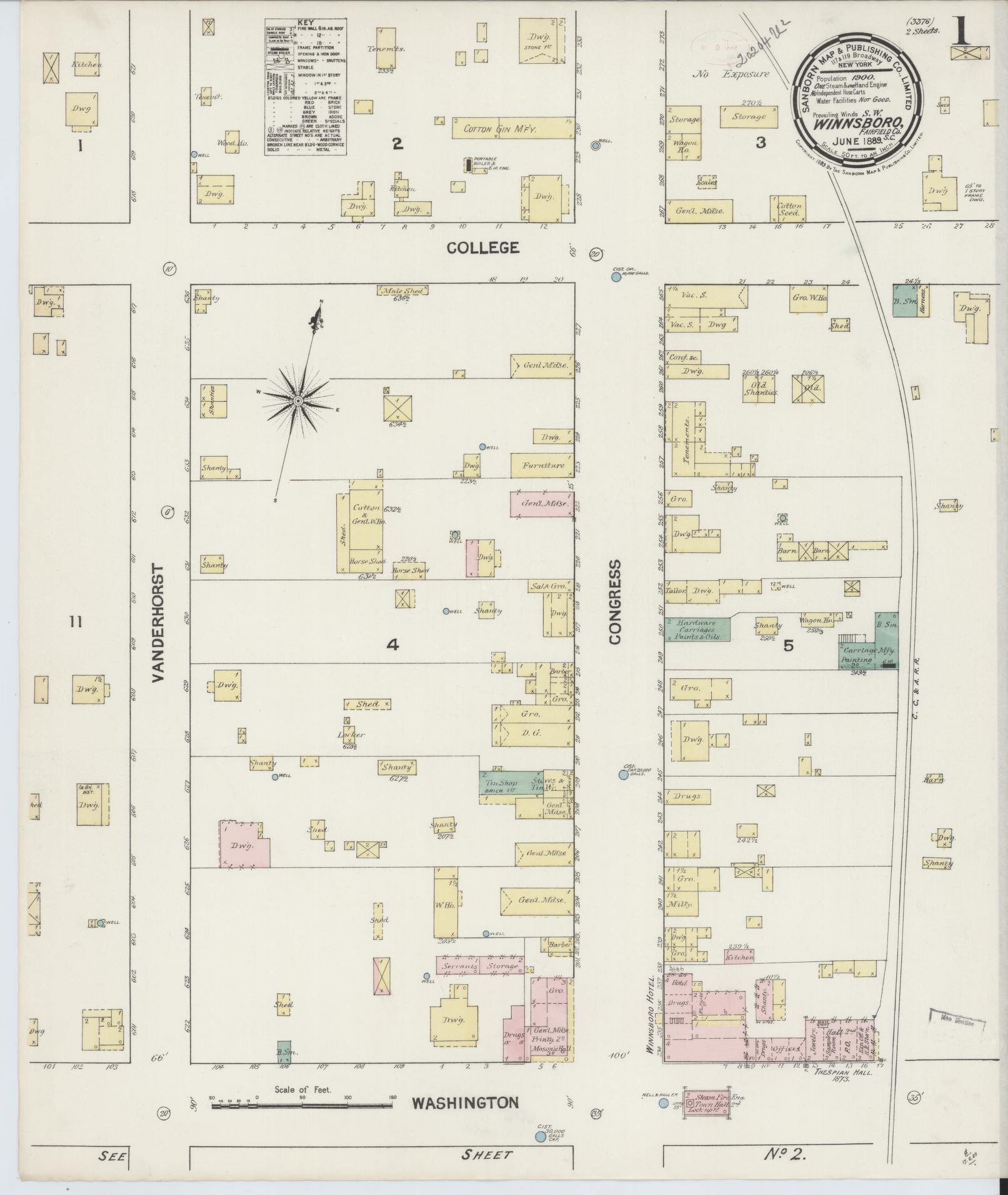 Sanborn Fire Insurance Map from Winnsboro, Fairfield County, South Carolina (1889), Sheet #0001 - Historic Sanborn Fire Insurance Map Print, vintage old map wall art, antique decor, genealogy gift, South Carolina South Carolina map
