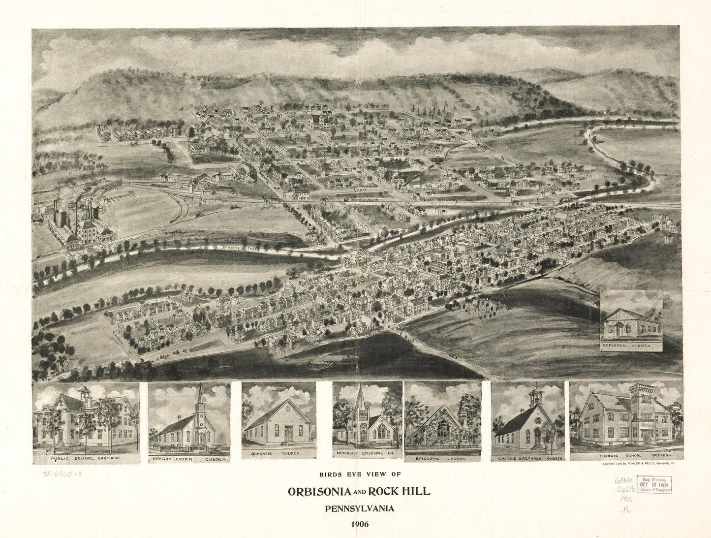 Birds eye view of Orbisonia and Rock Hill, Pennsylvania 1906. (1906) – Historic Bird’s-Eye View Panorama Print