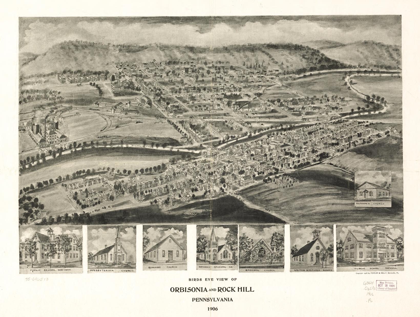 Birds eye view of Orbisonia and Rock Hill, Pennsylvania 1906. (1906) – Historic Bird’s-Eye View Panorama Print