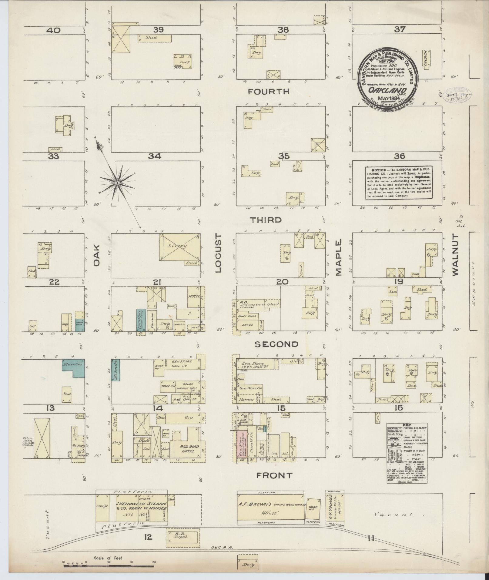 Sanborn Fire Insurance Map from Oakland, Douglas County, Oregon (1884), Sheet #0001 - Historic Sanborn Fire Insurance Map Print, vintage old map wall art, antique decor, genealogy gift, Oregon Oregon map