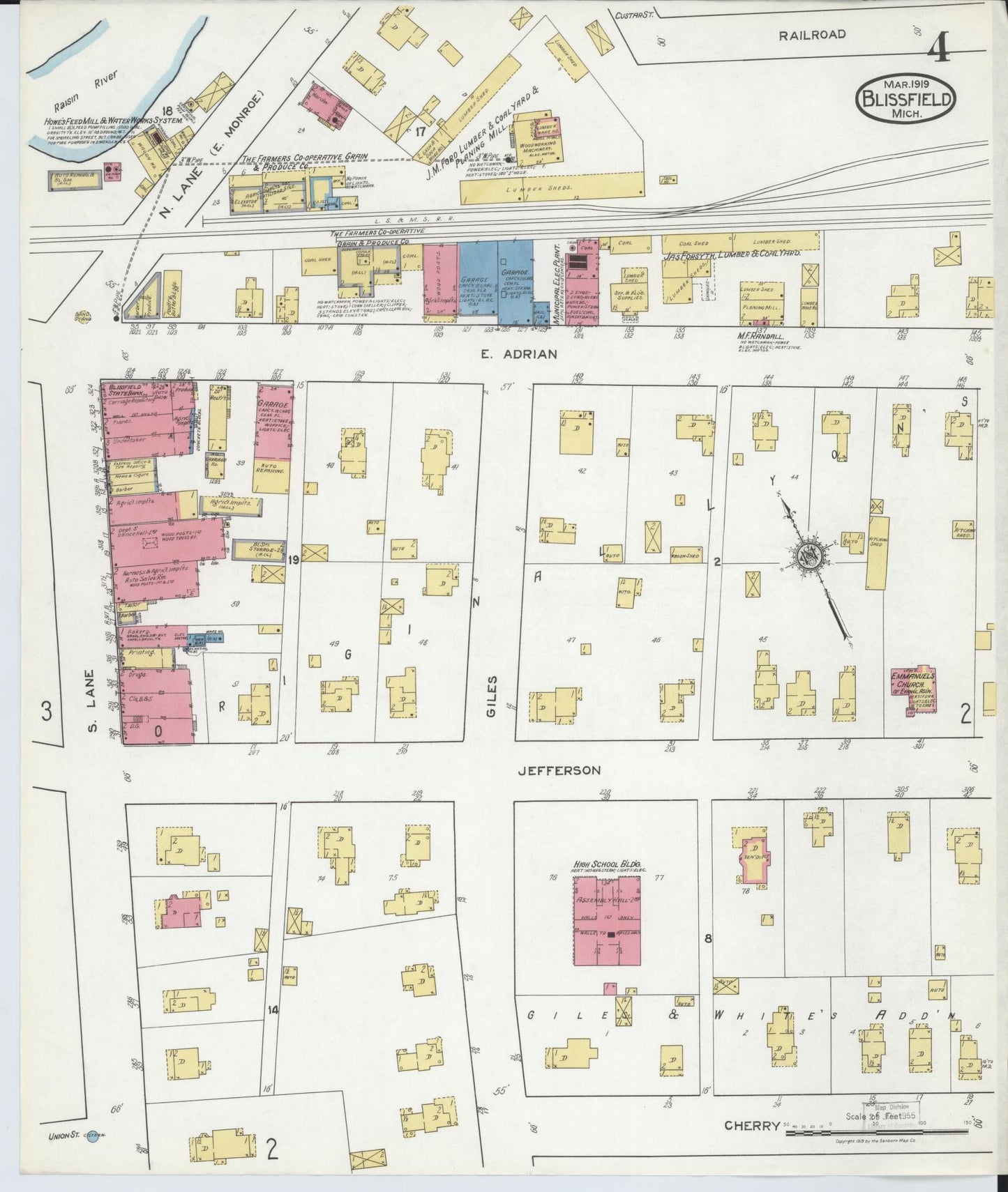 Sanborn Fire Insurance Map from Blissfield, Lenawee County, Michigan (1919), Sheet #0004 - Historic Sanborn Fire Insurance Map Print, vintage old map wall art, antique decor, genealogy gift, Michigan Michigan map