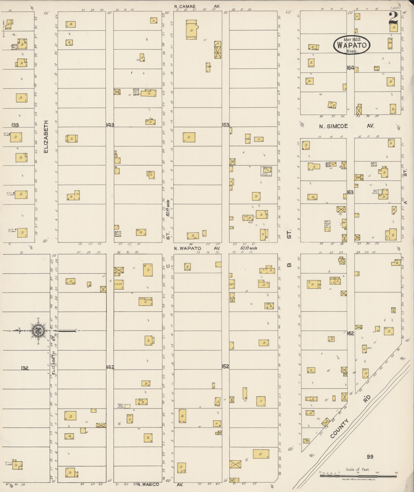Sanborn Fire Insurance Map from Wapato, Yakima County, Washington (1922), Sheet #0002 - Complete Map Set gallery image, historic Sanborn map, vintage wall art, Washington Washington