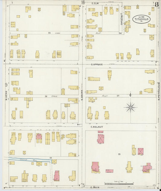 Sanborn Fire Insurance Map from Titusville, Crawford County, Pennsylvania (1898), Sheet #0008 - Historic Sanborn Fire Insurance Map Print, vintage old map wall art, antique decor, genealogy gift, Pennsylvania Pennsylvania map
