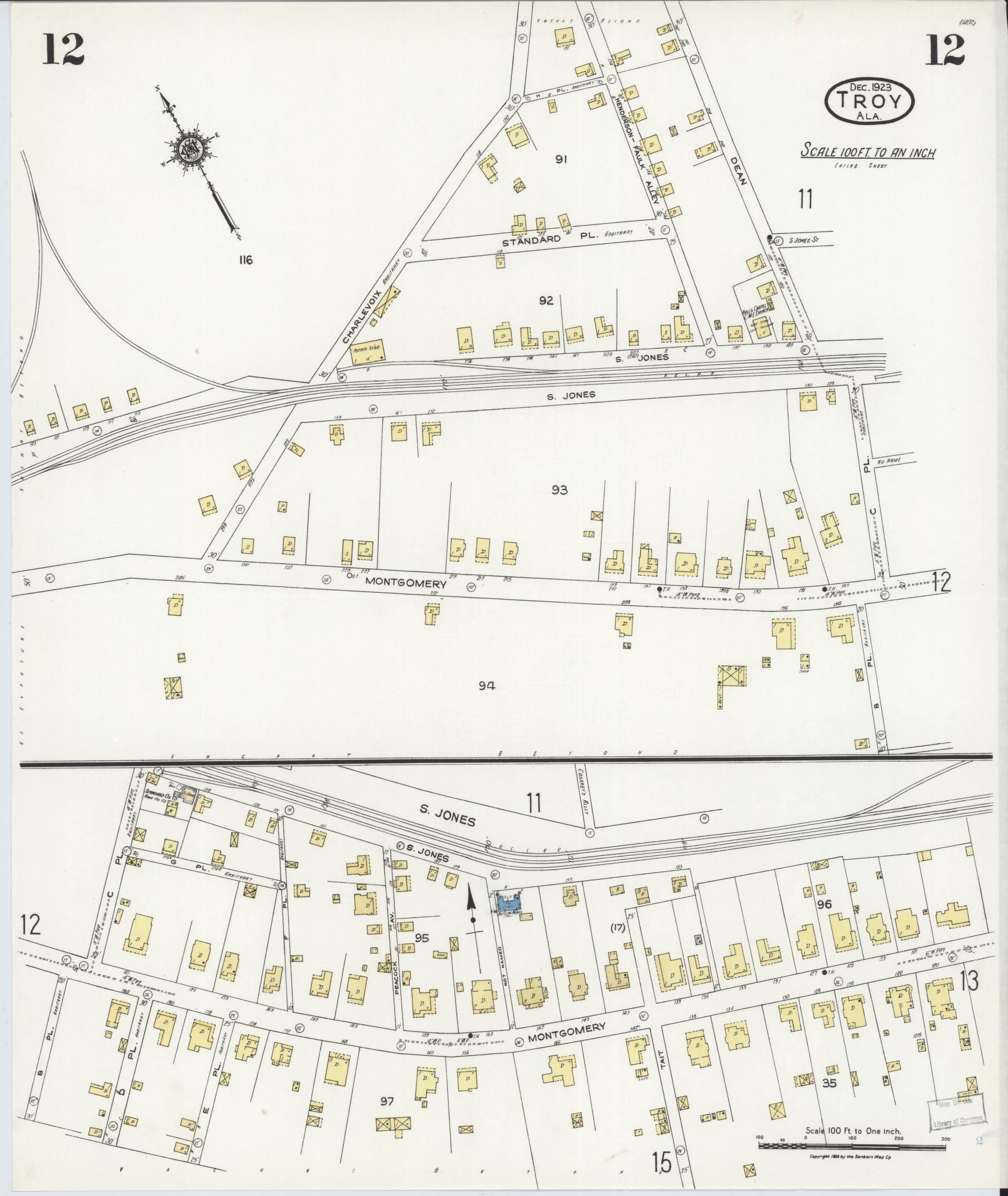 Sanborn Fire Insurance Map from Troy, Pike County, Alabama (1923), Sheet #0012 - Complete Map Set gallery image, historic Sanborn map, vintage wall art, Alabama Alabama
