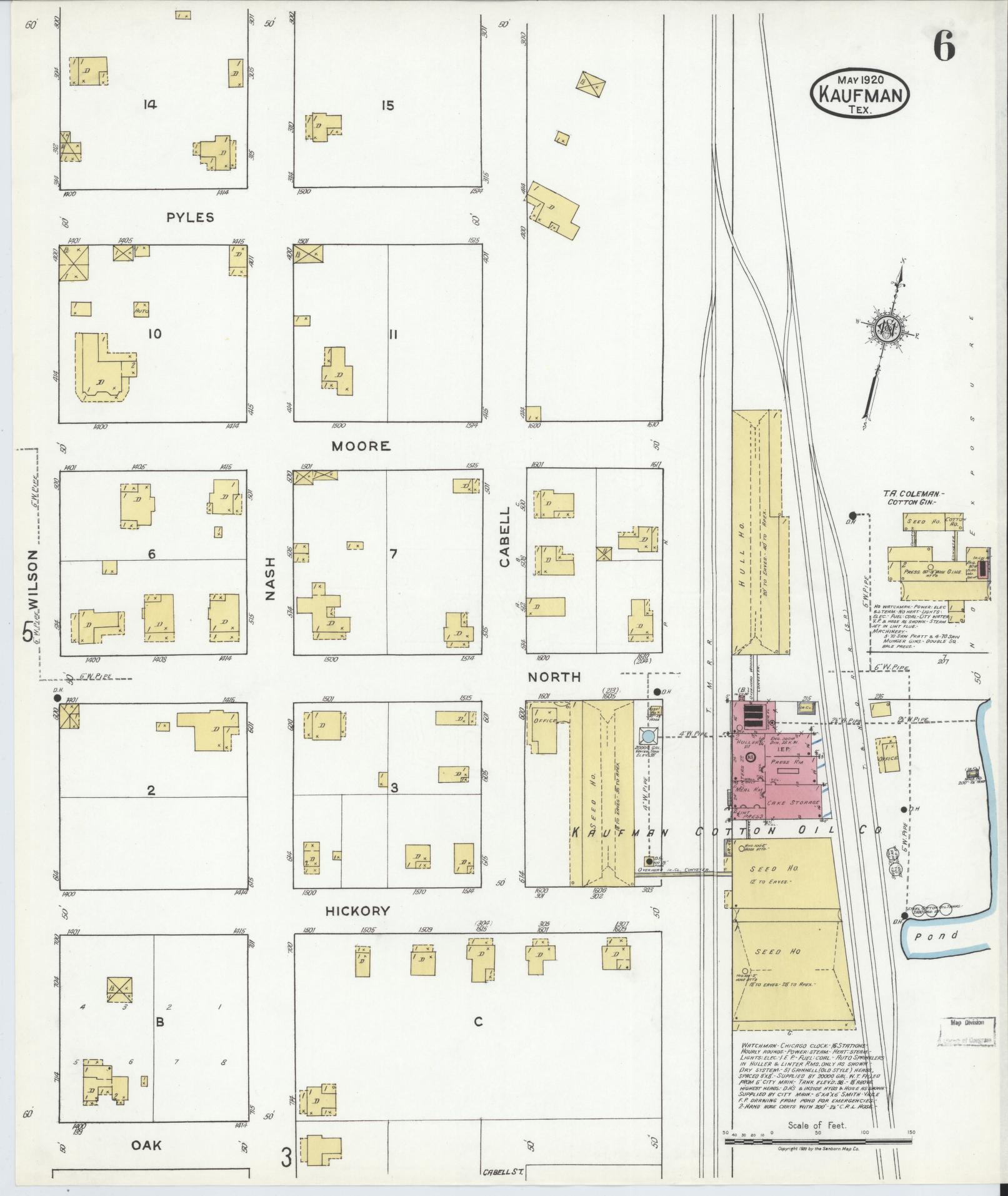 Sanborn Fire Insurance Map from Kaufman, Kaufman County, Texas (1920), Sheet #0006 - Historic Sanborn Fire Insurance Map Print, vintage old map wall art, antique decor, genealogy gift, Texas Texas map