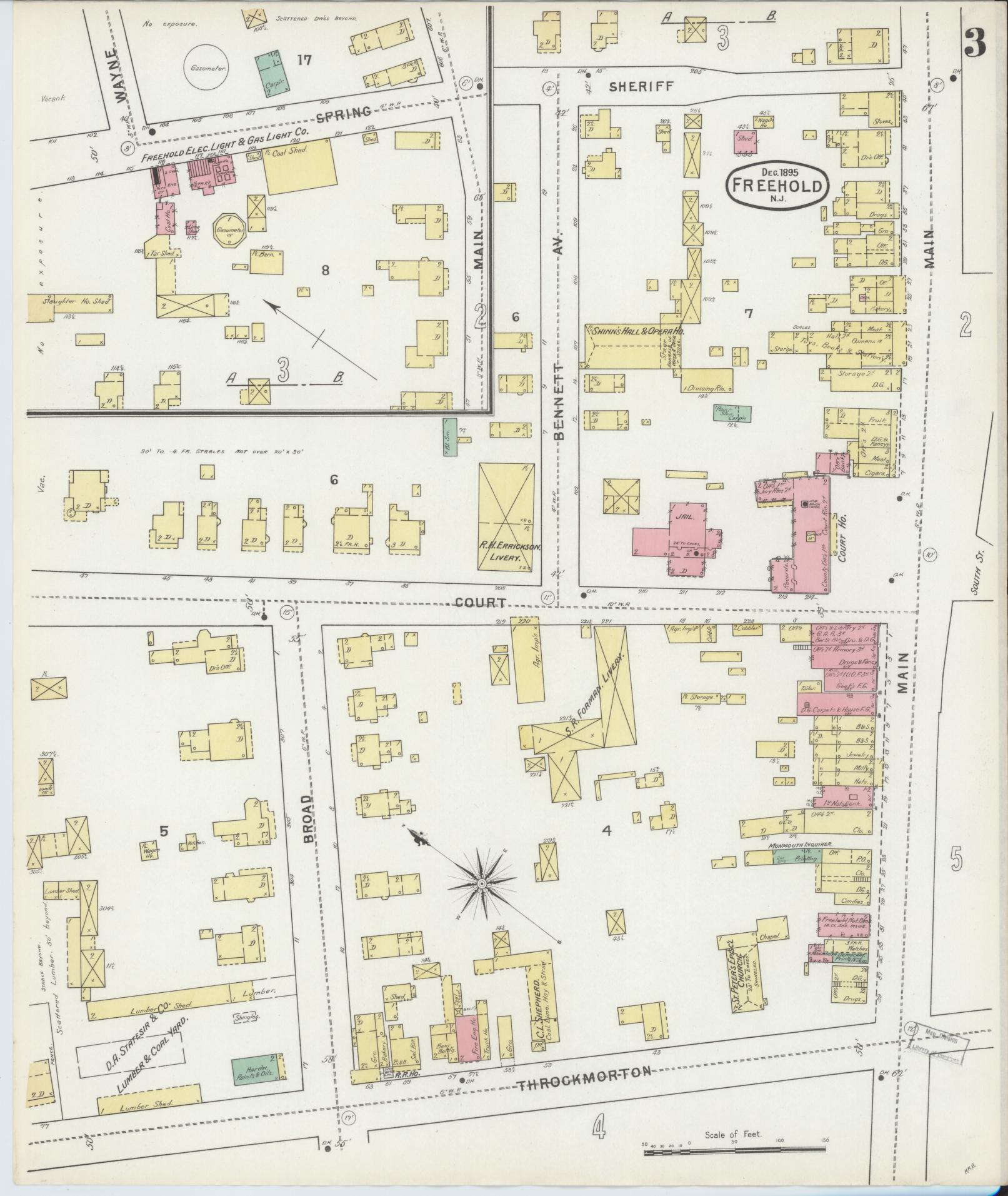 Sanborn Fire Insurance Map from Freehold, Monmouth County, New Jersey (1895), Sheet #0003 - Complete Map Set gallery image, historic Sanborn map, vintage wall art, New Jersey New Jersey