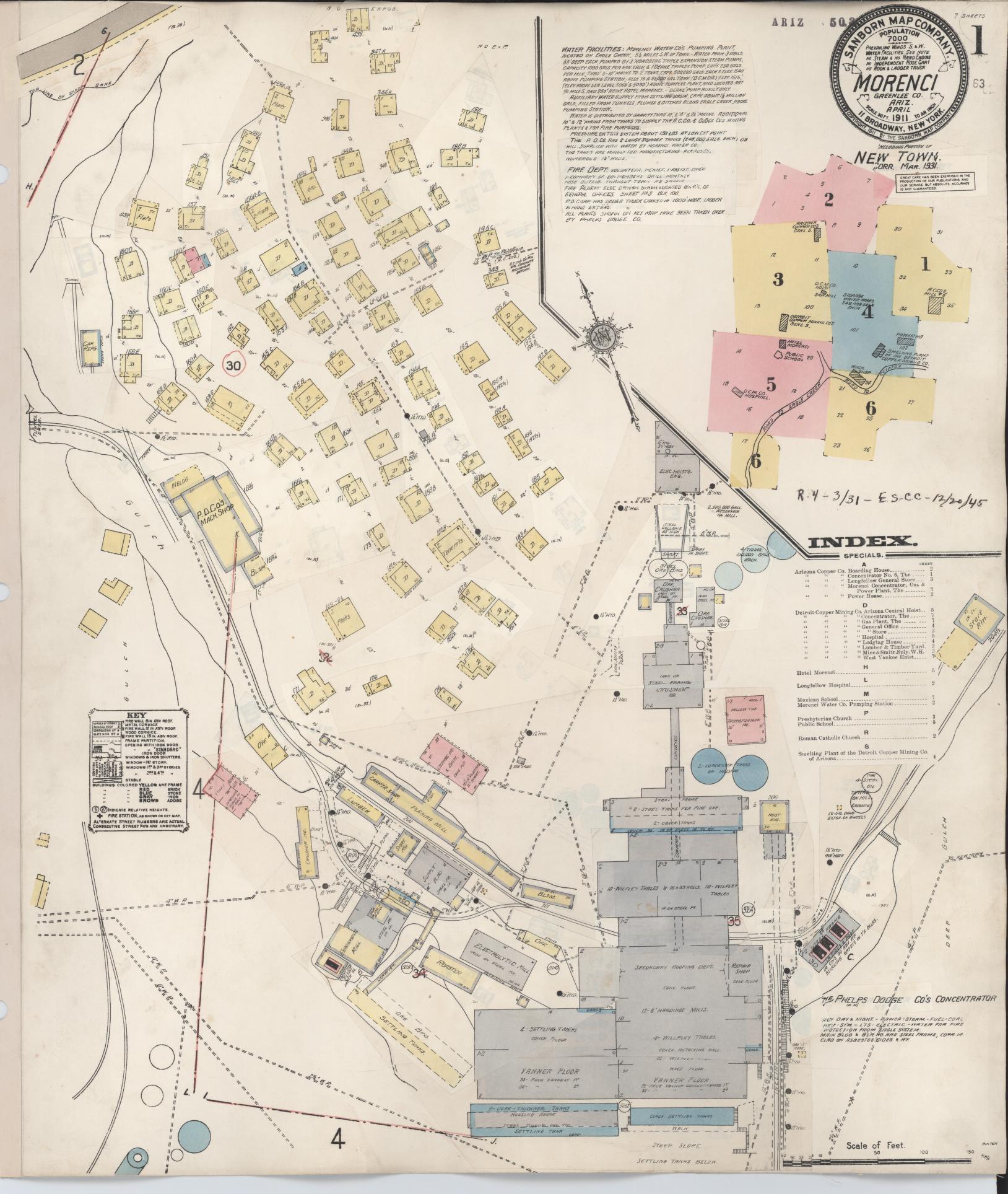 Sanborn Fire Insurance Map from Morenci, Greenlee County, Arizona (1931), Sheet #0001 - Historic Sanborn Fire Insurance Map Print, vintage old map wall art, antique decor, genealogy gift, Arizona Arizona map