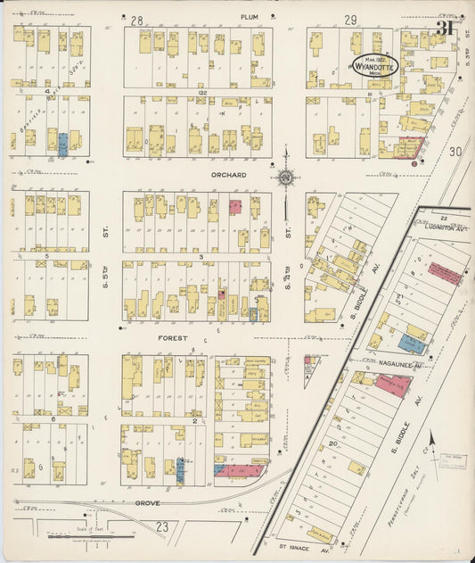 Sanborn Fire Insurance Map from Wyandotte, Wayne County, Michigan (1922), Sheet #0031 - Historic Sanborn Fire Insurance Map Print, vintage old map wall art, antique decor, genealogy gift, Michigan Michigan map