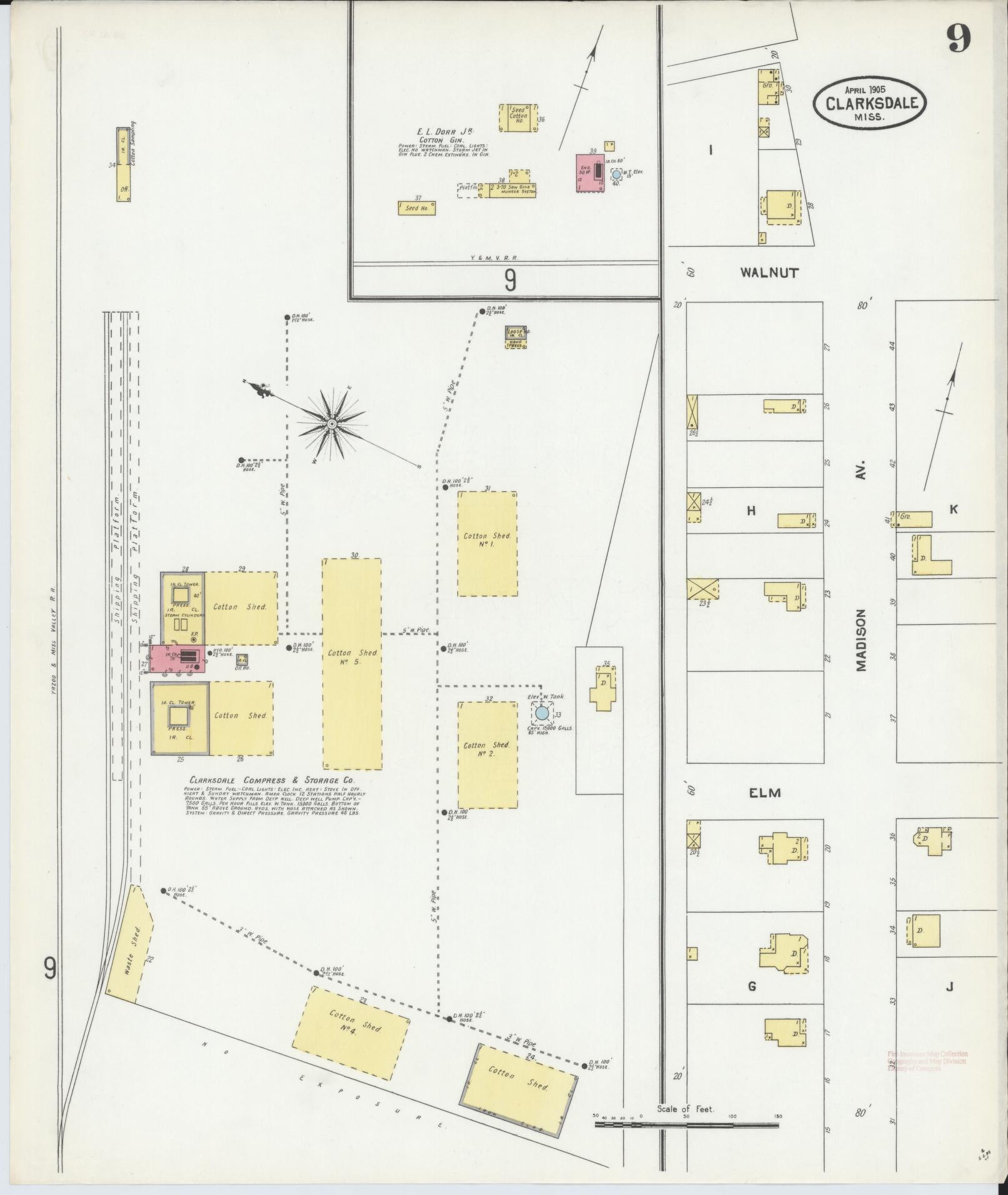 Sanborn Fire Insurance Map from Clarksdale, Coahoma County, Mississippi (1905), Sheet #0009 - Complete Map Set gallery image, historic Sanborn map, vintage wall art, Mississippi Mississippi