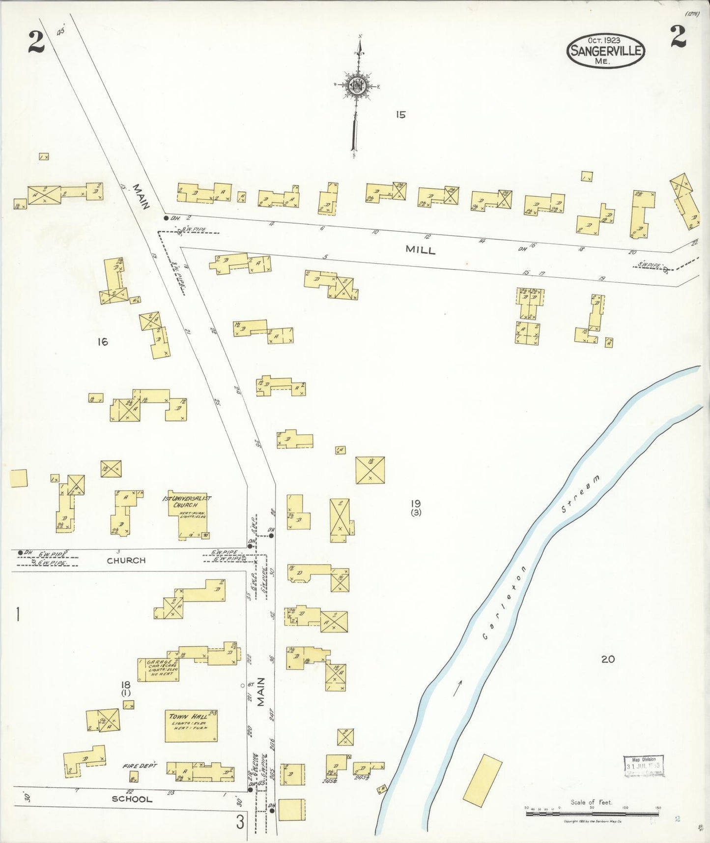 Sanborn Fire Insurance Map from Sangerville, Piscataquis County, Maine (1923), Sheet #0002 - Historic Sanborn Fire Insurance Map Print, vintage old map wall art, antique decor, genealogy gift, Maine Maine map