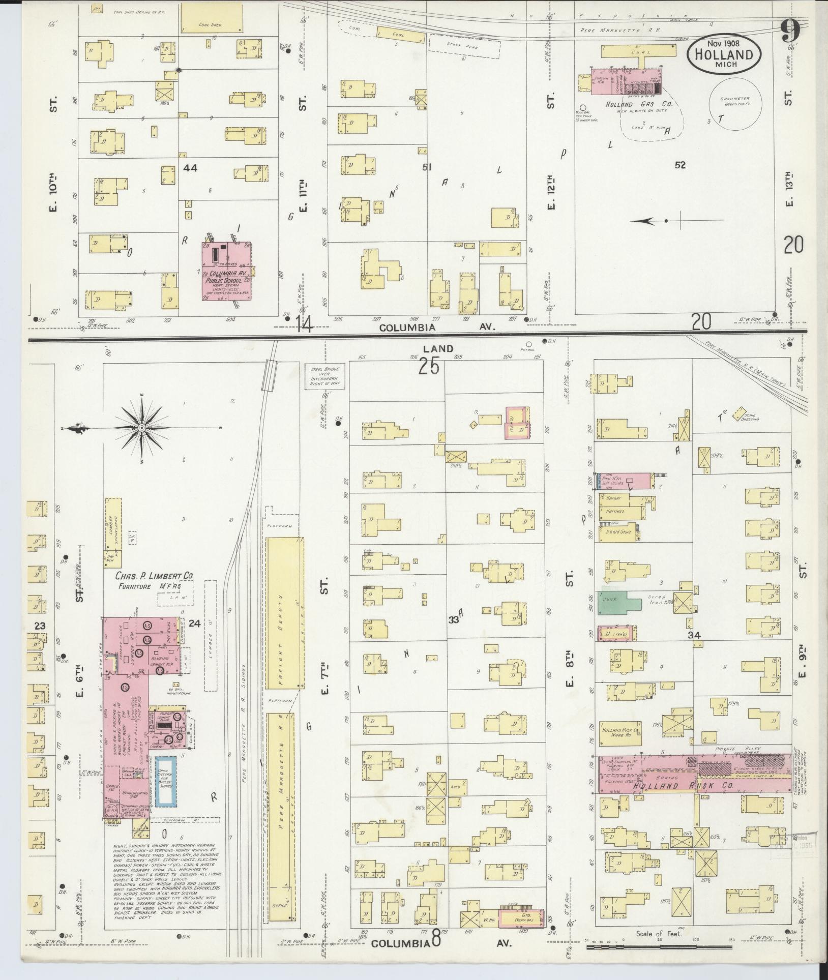 Sanborn Fire Insurance Map from Holland, Ottawa County, Michigan (1908), Sheet #0009 - Complete Map Set gallery image, historic Sanborn map, vintage wall art, Michigan Michigan