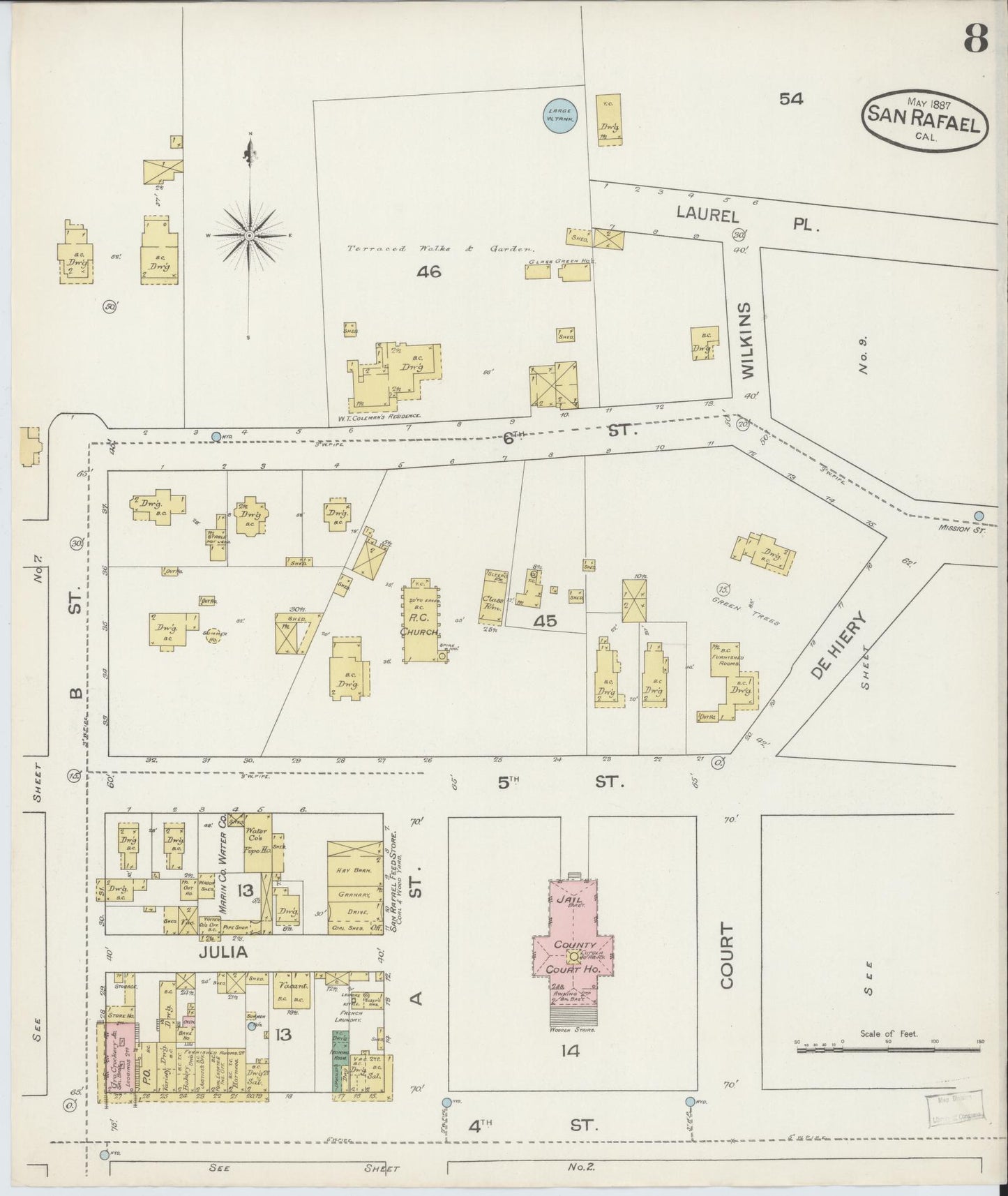 Sanborn Fire Insurance Map from San Rafael, Marin County, California (1887), Sheet #0008 - Complete Map Set gallery image, historic Sanborn map, vintage wall art, California California