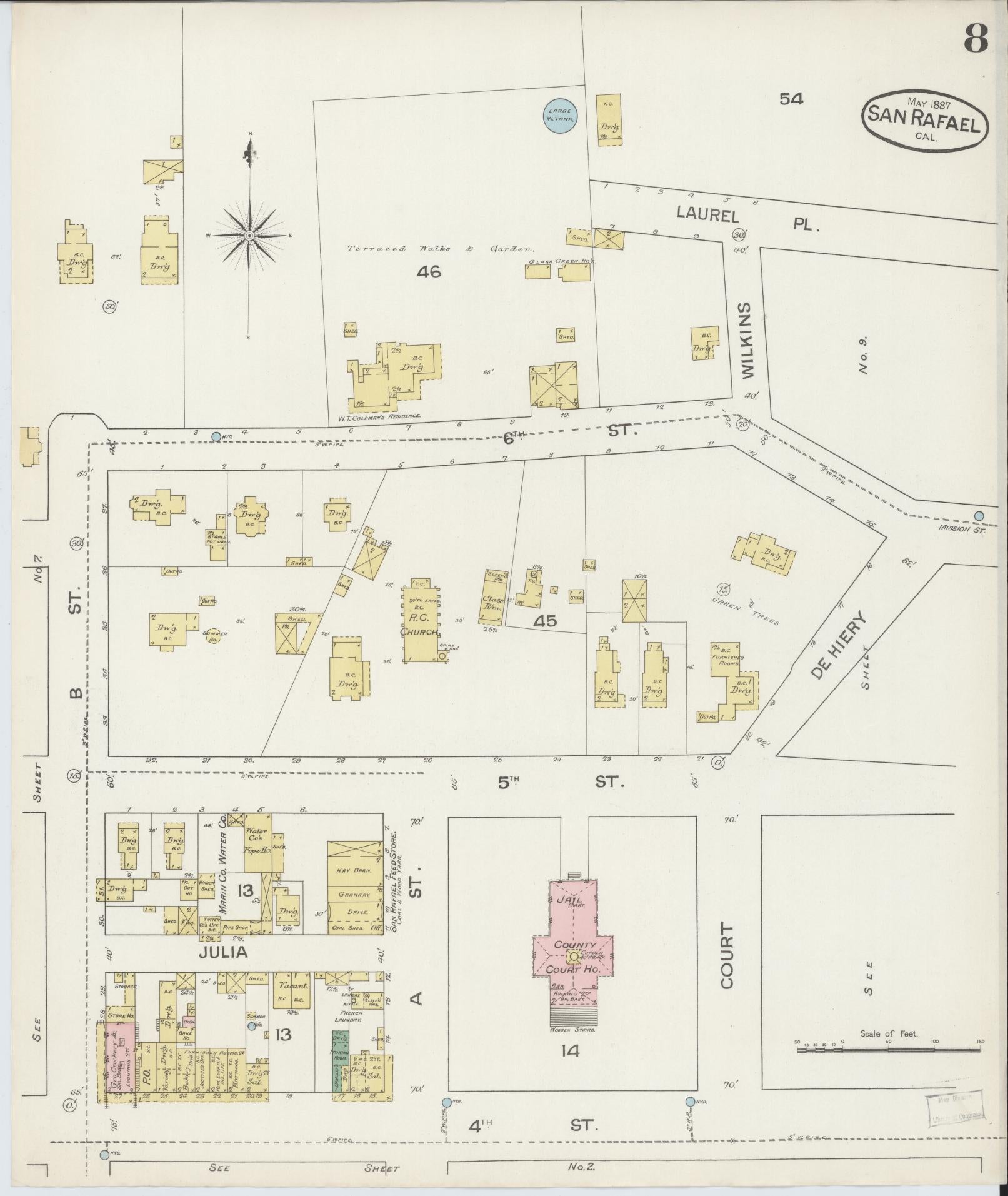 Sanborn Fire Insurance Map from San Rafael, Marin County, California (1887), Sheet #0008 - Complete Map Set gallery image, historic Sanborn map, vintage wall art, California California