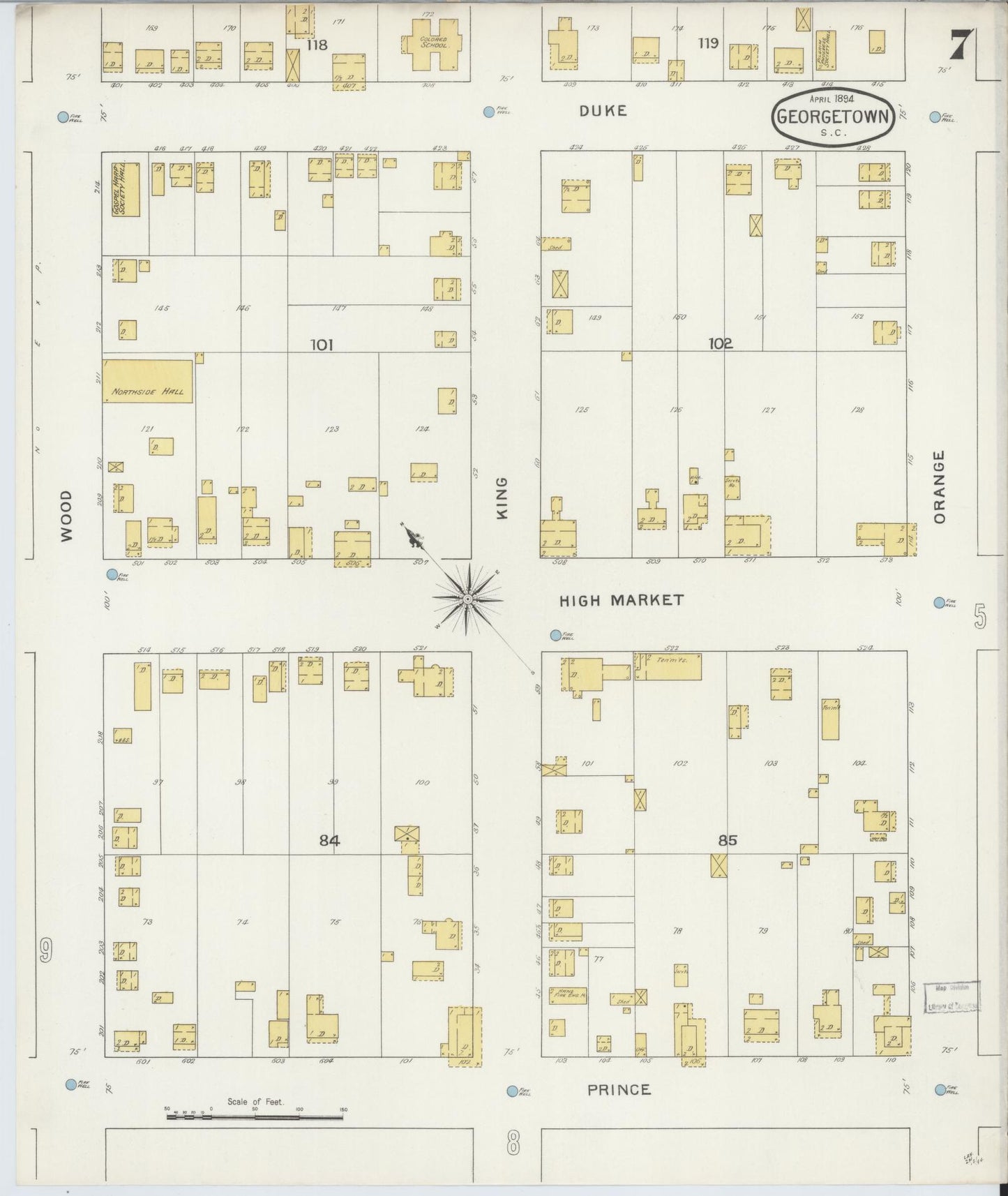 Sanborn Fire Insurance Map from Georgetown, Georgetown County, South Carolina (1894), Sheet #0007 - Historic Sanborn Fire Insurance Map Print, vintage old map wall art, antique decor, genealogy gift, South Carolina South Carolina map