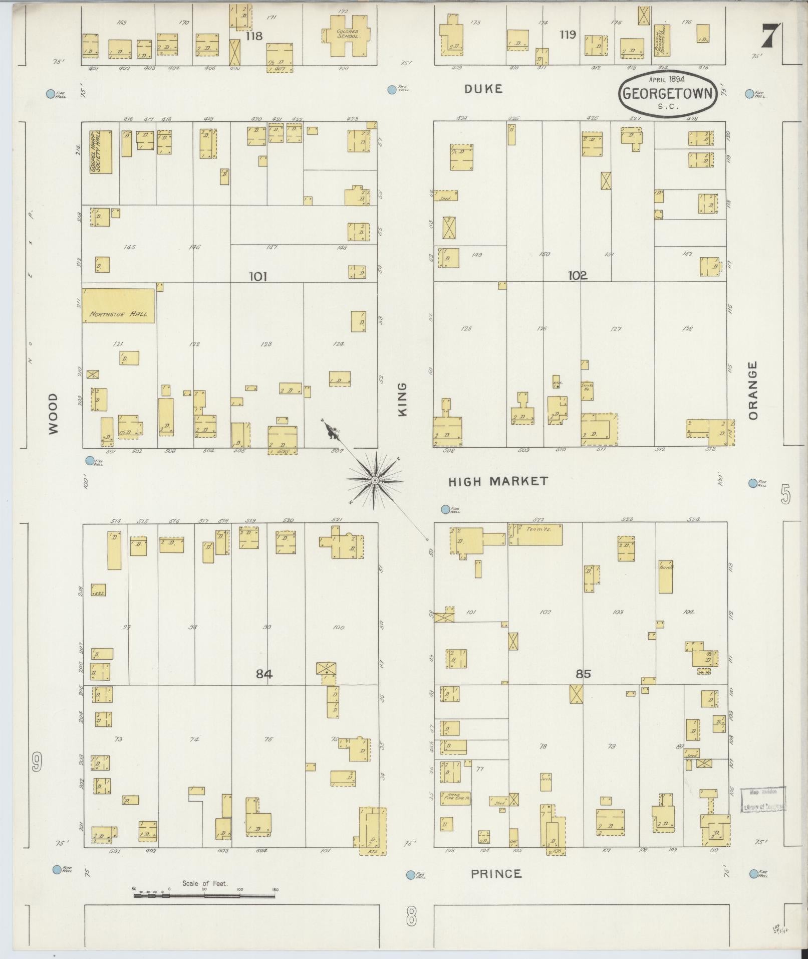 Sanborn Fire Insurance Map from Georgetown, Georgetown County, South Carolina (1894), Sheet #0007 - Historic Sanborn Fire Insurance Map Print, vintage old map wall art, antique decor, genealogy gift, South Carolina South Carolina map