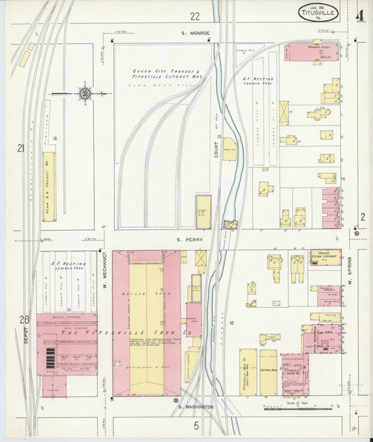 Sanborn Fire Insurance Map from Titusville, Crawford County, Pennsylvania (1912), Sheet #0004 - Historic Sanborn Fire Insurance Map Print, vintage old map wall art, antique decor, genealogy gift, Pennsylvania Pennsylvania map