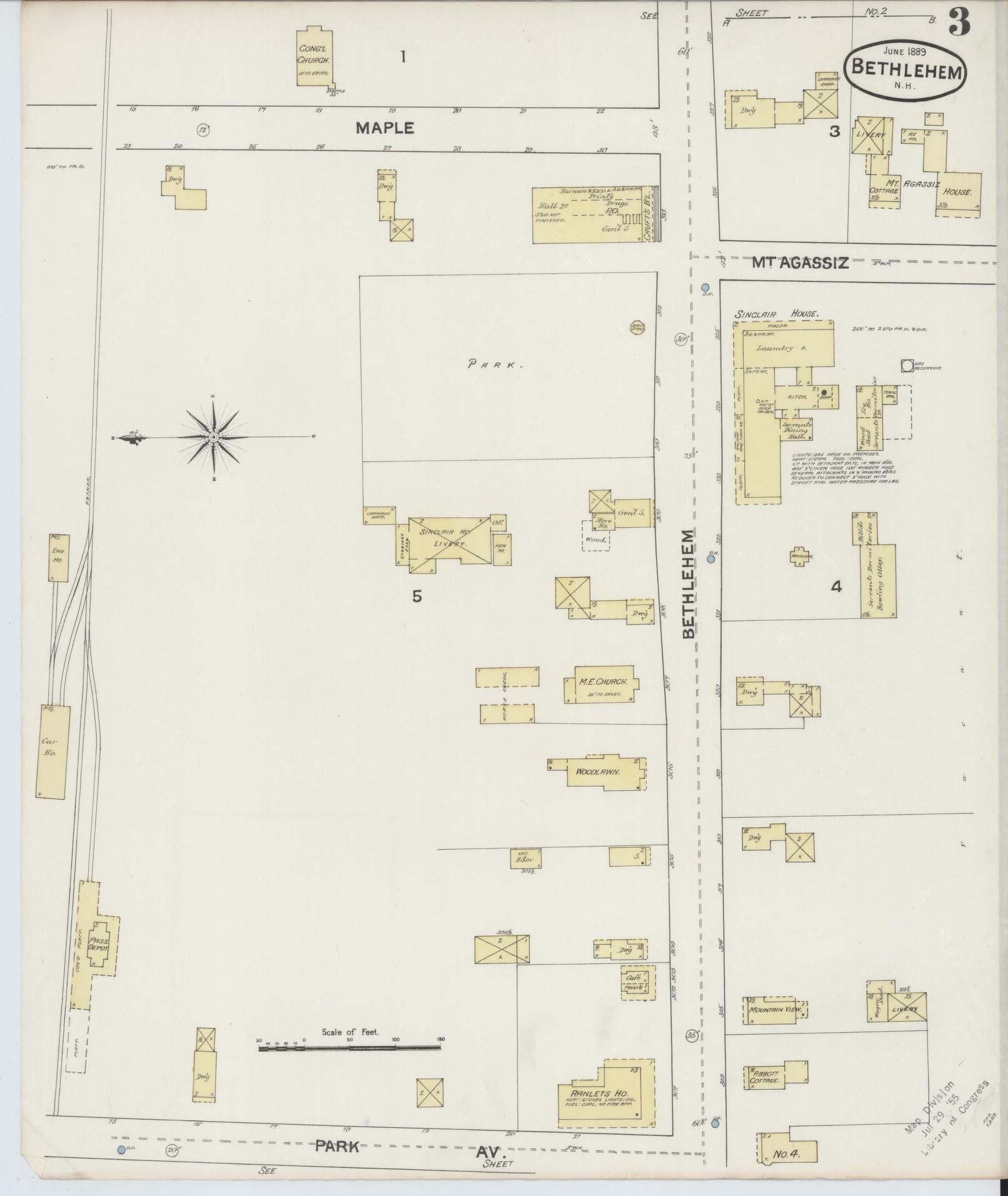 Sanborn Fire Insurance Map from Bethlehem, Grafton County, New Hampshire (1889), Sheet #0003 - Historic Sanborn Fire Insurance Map Print, vintage old map wall art, antique decor, genealogy gift, New Hampshire New Hampshire map