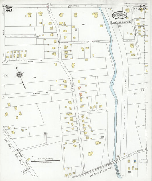 Sanborn Fire Insurance Map from Ridgewood, Bergen County, New Jersey (1928), Sheet #0025 - Historic Sanborn Fire Insurance Map Print, vintage old map wall art, antique decor, genealogy gift, New Jersey New Jersey map