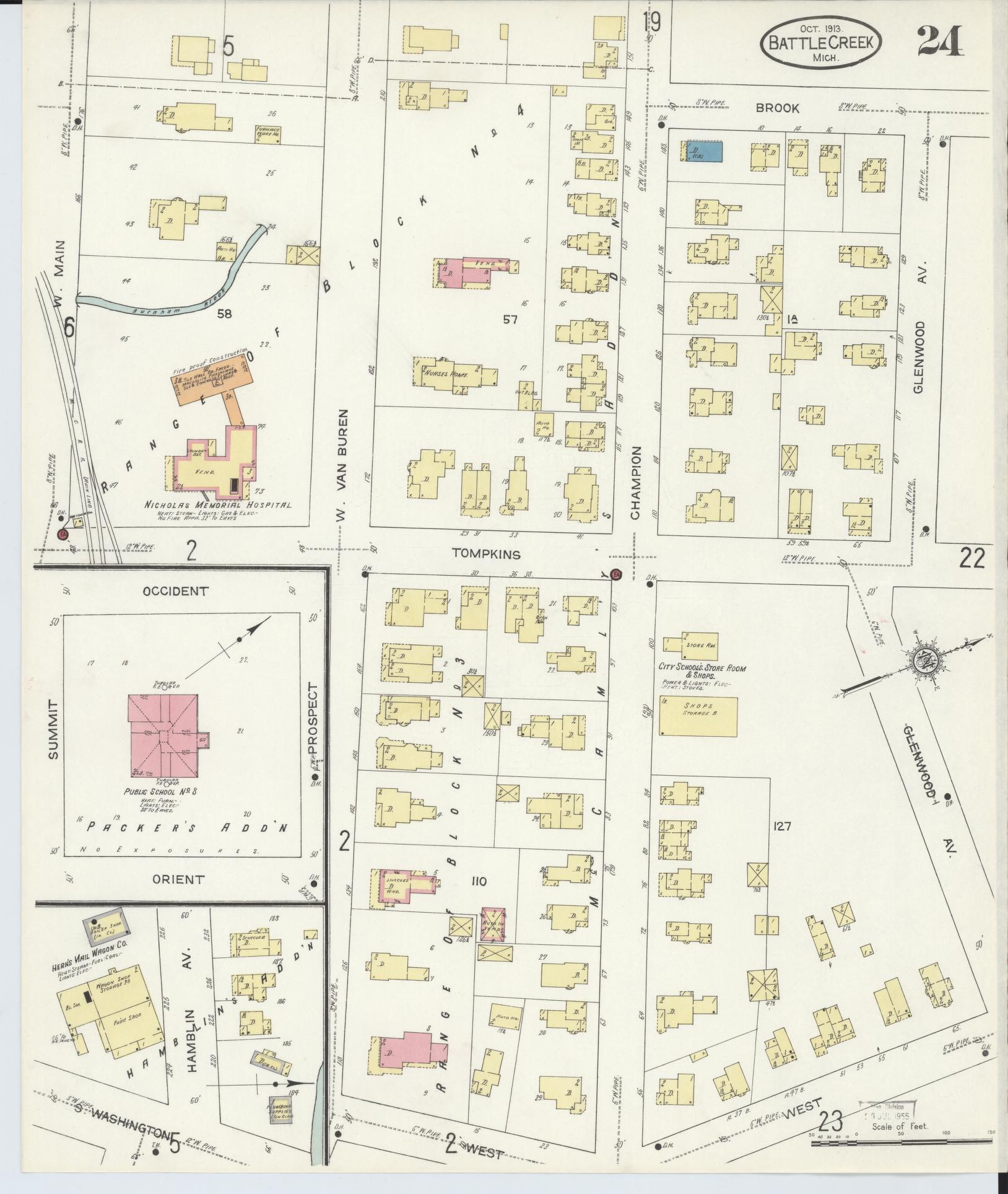 Sanborn Fire Insurance Map from Battle Creek, Calhoun County, Michigan (1913), Sheet #0024 - Historic Sanborn Fire Insurance Map Print, vintage old map wall art, antique decor, genealogy gift, Michigan Michigan map