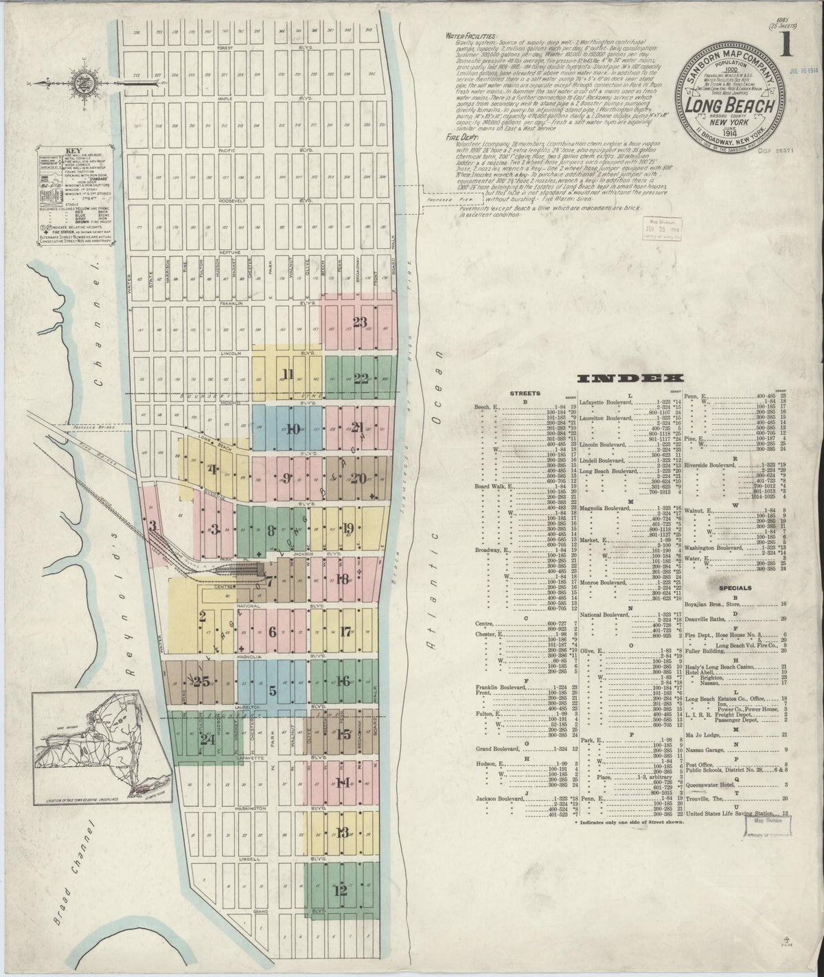 Sanborn Fire Insurance Map from Long Beach, Nassau County, New York (1914), Sheet #0001 - Complete Map Set gallery image, historic Sanborn map, vintage wall art, New York New York