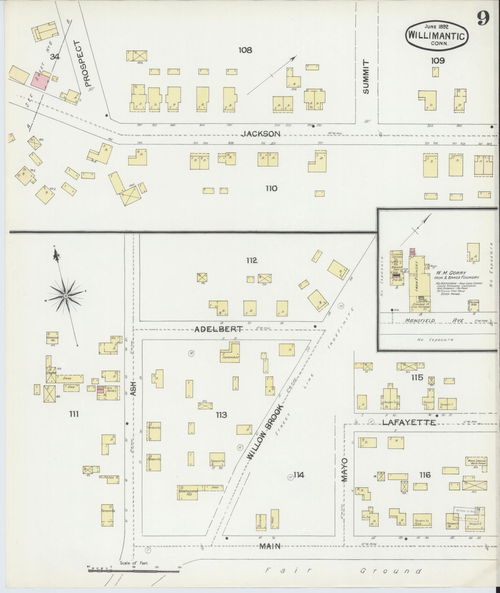 Sanborn Fire Insurance Map from Willimantic, Windham County, Connecticut (1892), Sheet #0009 - Complete Map Set gallery image, historic Sanborn map, vintage wall art, Connecticut Connecticut
