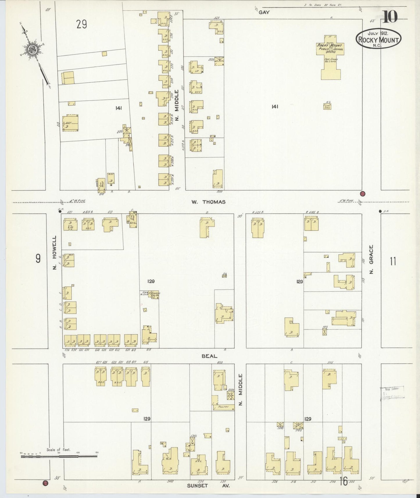 Sanborn Fire Insurance Map from Rocky Mount, Edgecombe And Nash Counties, North Carolina (1912), Sheet #0010 - Historic Sanborn Fire Insurance Map Print, vintage old map wall art, antique decor, genealogy gift, North Carolina North Carolina map