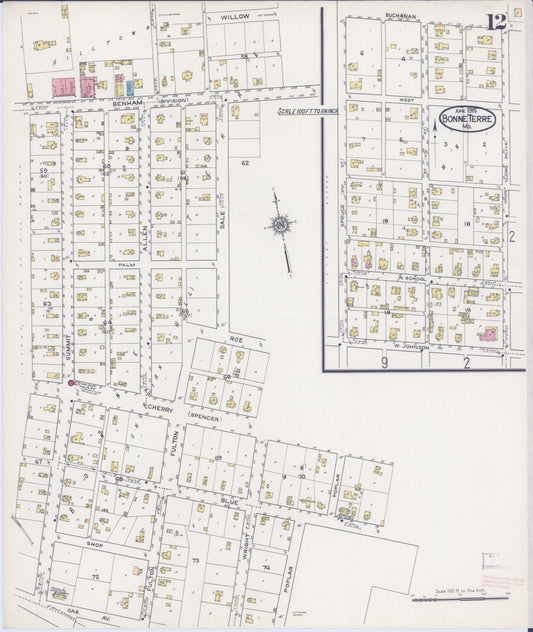Sanborn Fire Insurance Map from Bonne Terre, Saint Francois County, Missouri (1915), Sheet #0012 - Historic Sanborn Fire Insurance Map Print, vintage old map wall art, antique decor, genealogy gift, Missouri Missouri map