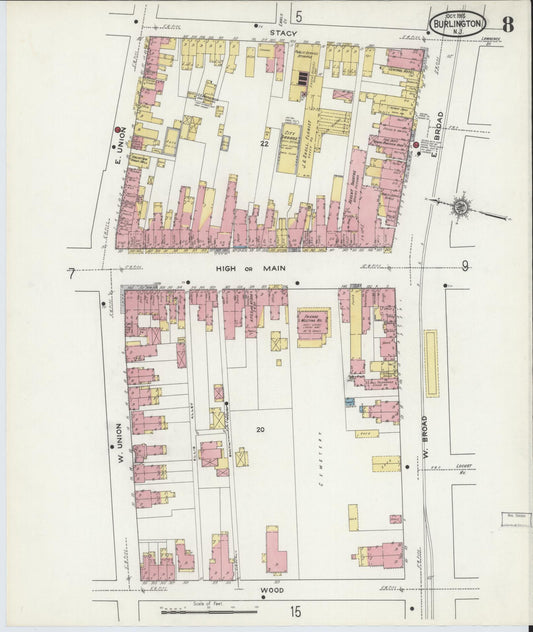 Sanborn Fire Insurance Map from Burlington, Burlington County, New Jersey (1915), Sheet #0008 - Historic Sanborn Fire Insurance Map Print, vintage old map wall art, antique decor, genealogy gift, New Jersey New Jersey map