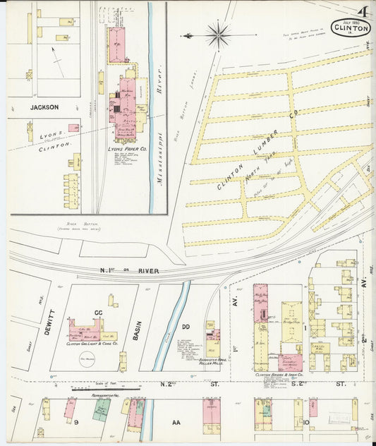 Sanborn Fire Insurance Map from Clinton, Clinton County, Iowa (1890), Sheet #0004 - Historic Sanborn Fire Insurance Map Print, vintage old map wall art