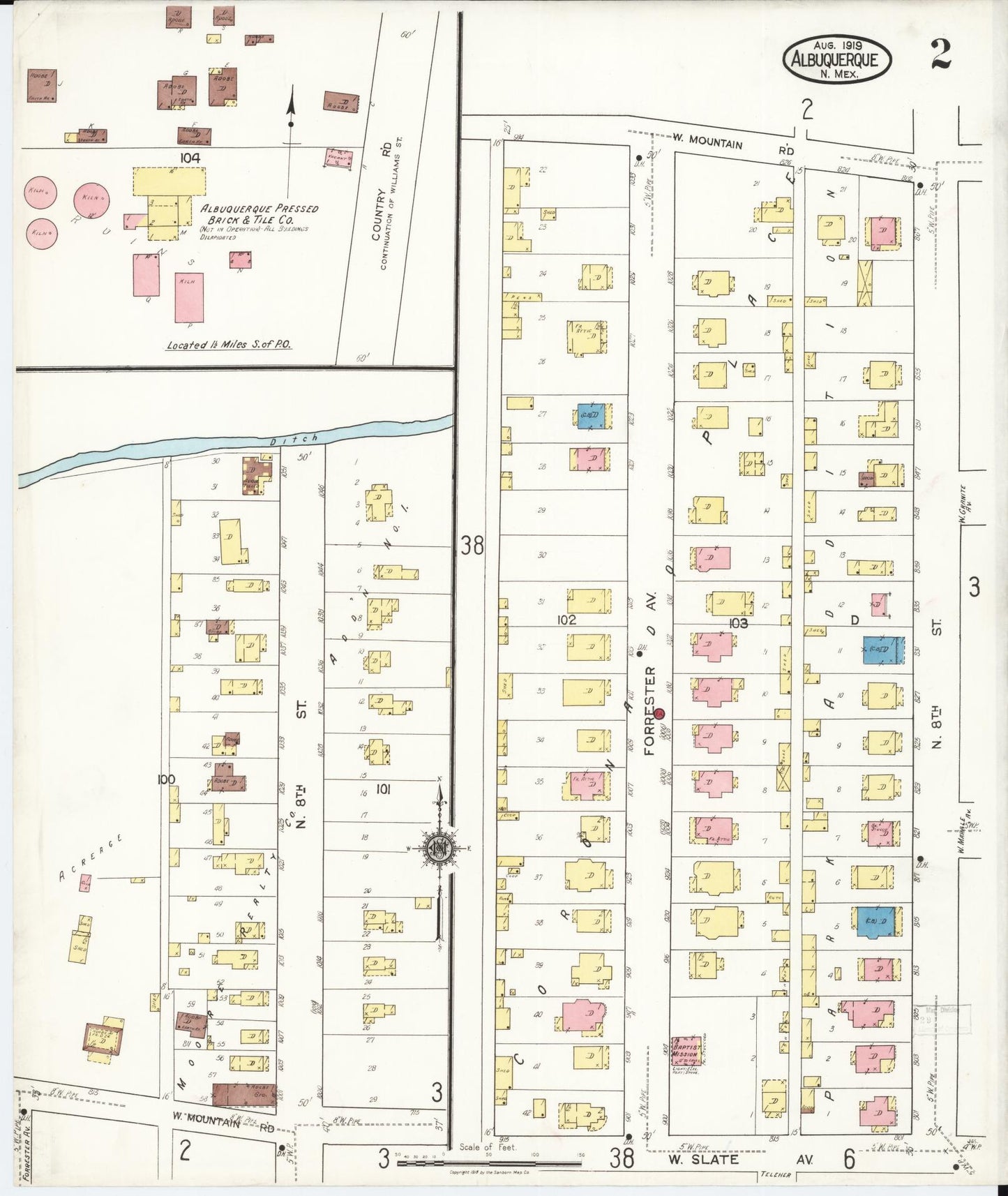 Sanborn Fire Insurance Map from Albuquerque, Bernalillo County, New Mexico (1919), Sheet #0002 - Complete Map Set gallery image, historic Sanborn map, vintage wall art, New Mexico New Mexico