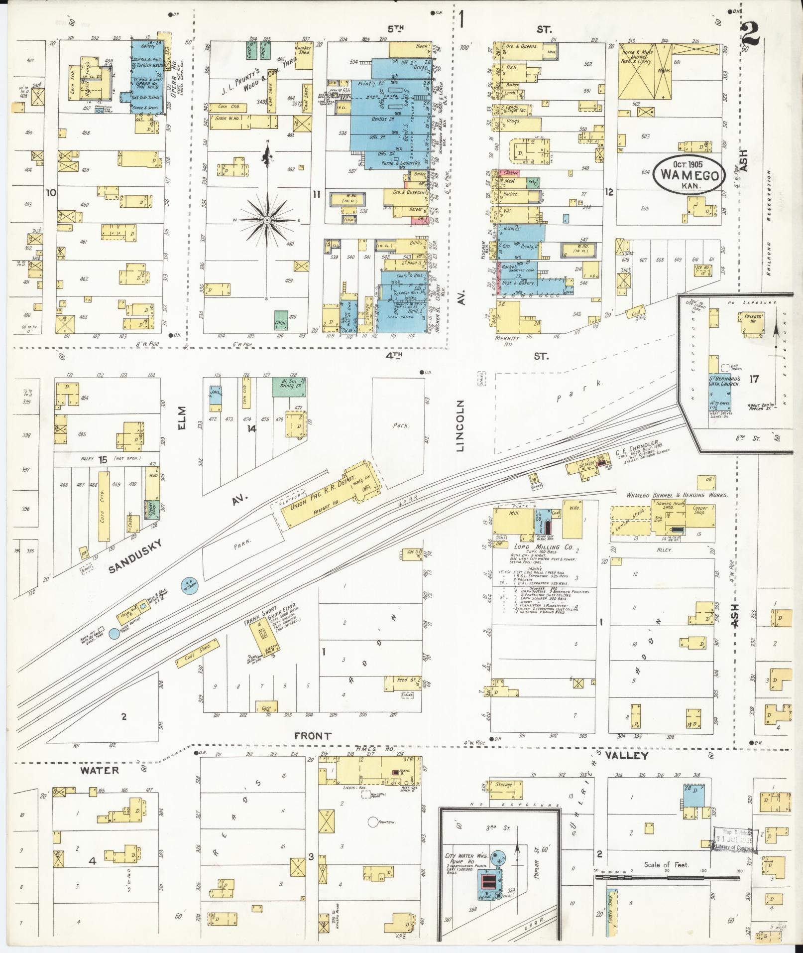 Sanborn Fire Insurance Map from Wamego, Pottawatomie County, Kansas (1905), Sheet #0002 - Complete Map Set gallery image, historic Sanborn map, vintage wall art, Kansas Kansas