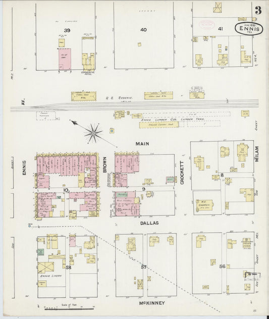 Sanborn Fire Insurance Map from Ennis, Ellis County, Texas (1890), Sheet #0003 - Historic Sanborn Fire Insurance Map Print, vintage old map wall art, antique decor, genealogy gift, Texas Texas map