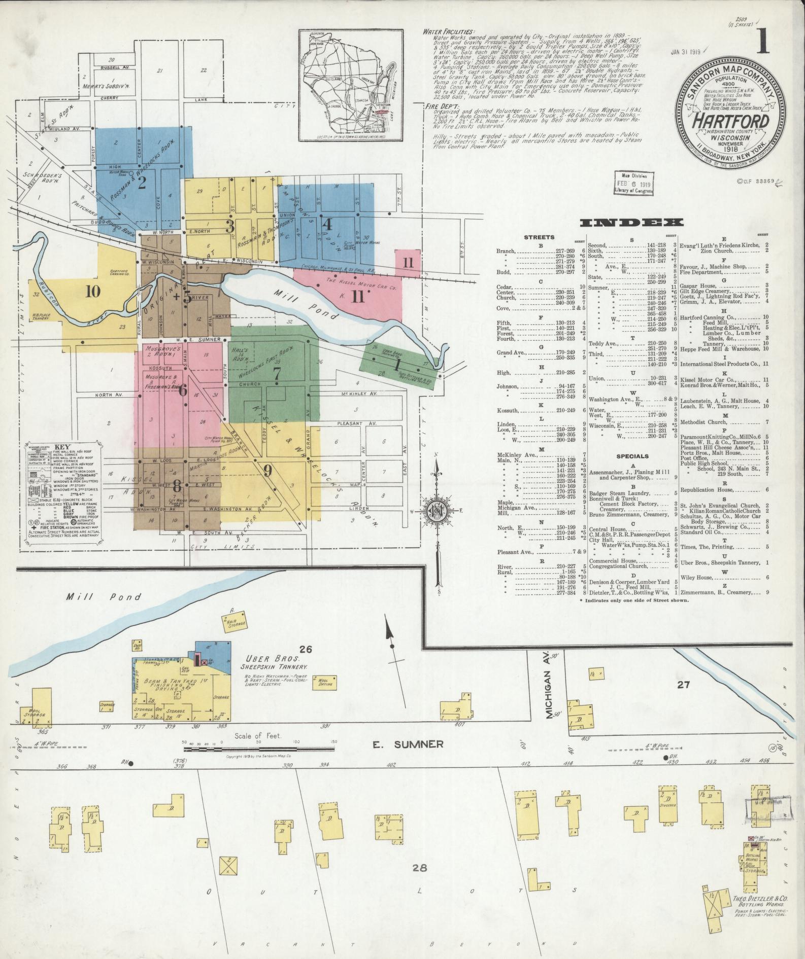 Sanborn Fire Insurance Map from Hartford, Washington County, Wisconsin (1918), Sheet #0001 - Historic Sanborn Fire Insurance Map Print, vintage old map wall art, antique decor, genealogy gift, Wisconsin Wisconsin map
