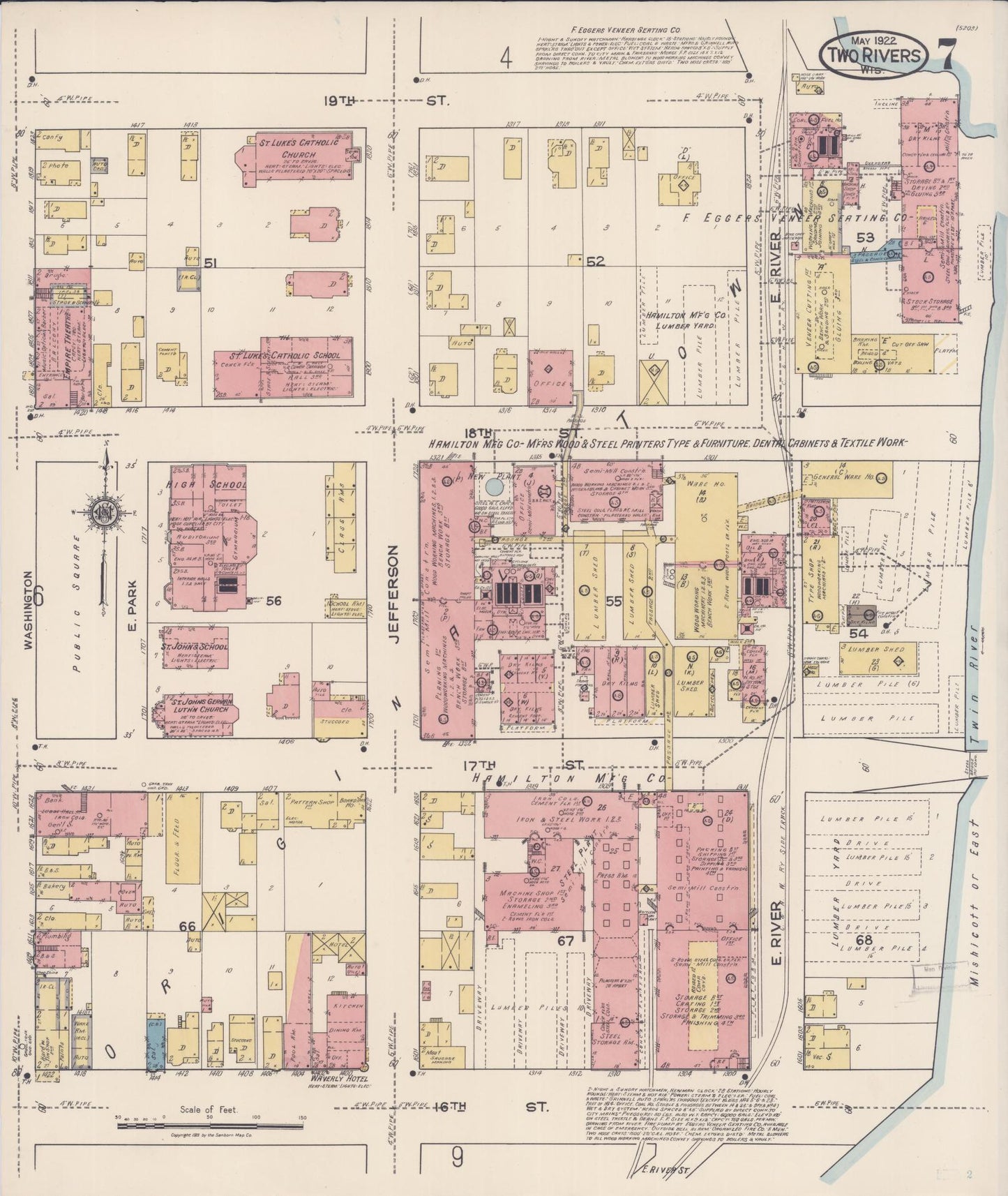 Sanborn Fire Insurance Map from Two Rivers, Manitowoc County, Wisconsin (1922), Sheet #0007 - Complete Map Set gallery image, historic Sanborn map, vintage wall art, Wisconsin Wisconsin