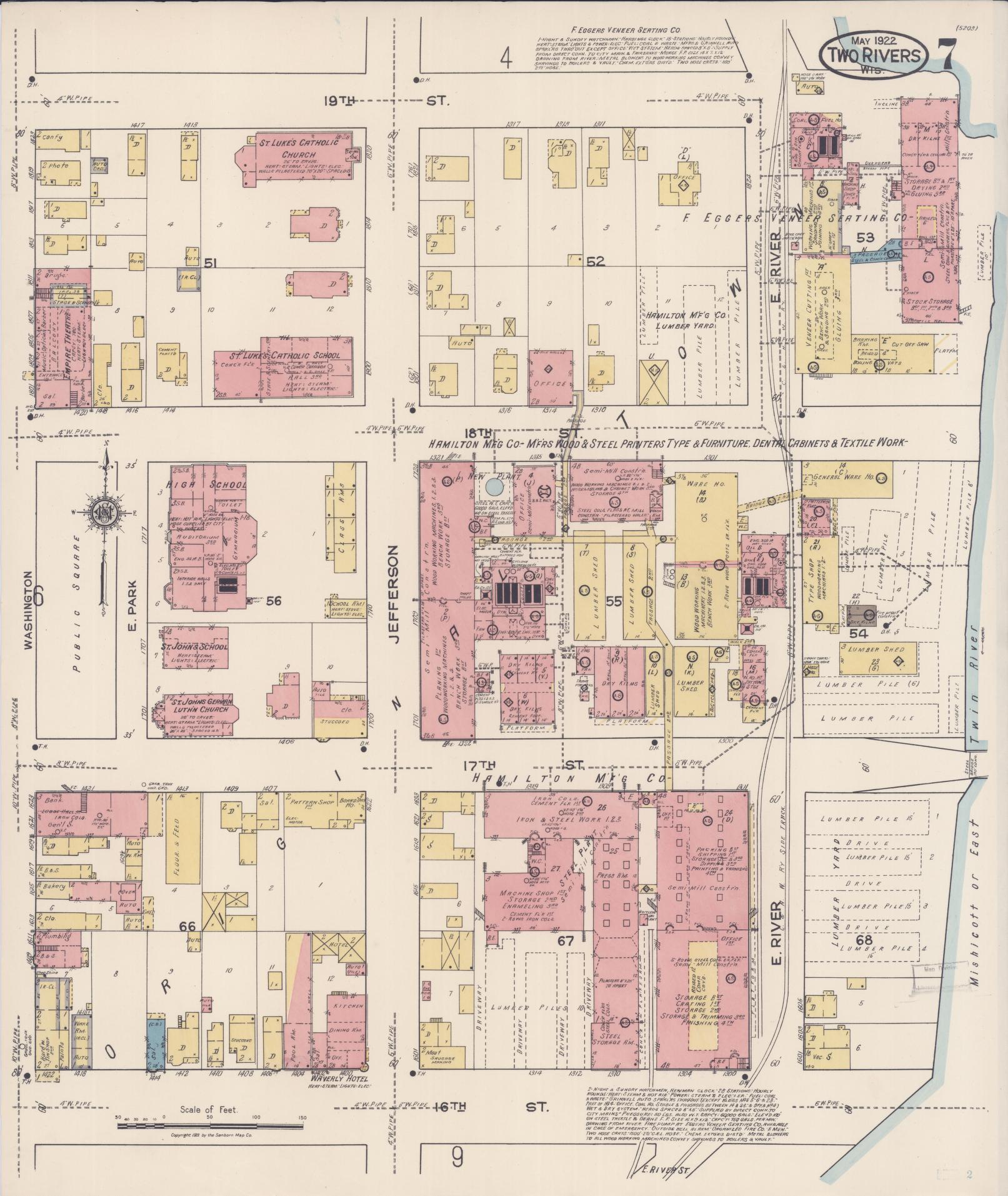 Sanborn Fire Insurance Map from Two Rivers, Manitowoc County, Wisconsin (1922), Sheet #0007 - Complete Map Set gallery image, historic Sanborn map, vintage wall art, Wisconsin Wisconsin