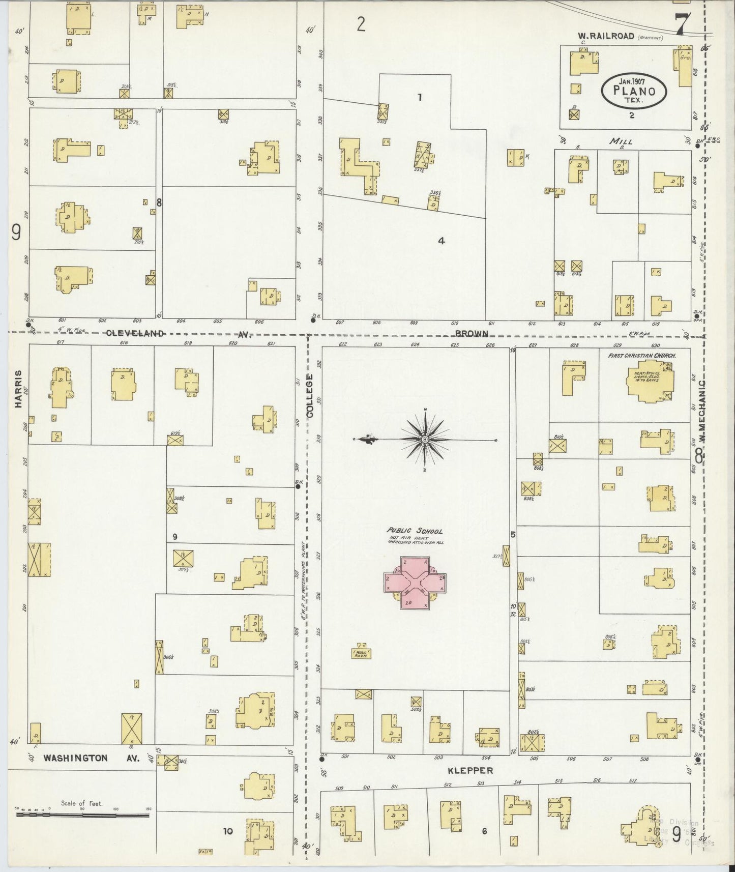 Sanborn Fire Insurance Map from Plano, Collin County, Texas (1907), Sheet #0007 - Historic Sanborn Fire Insurance Map Print, vintage old map wall art, antique decor, genealogy gift, Texas Texas map