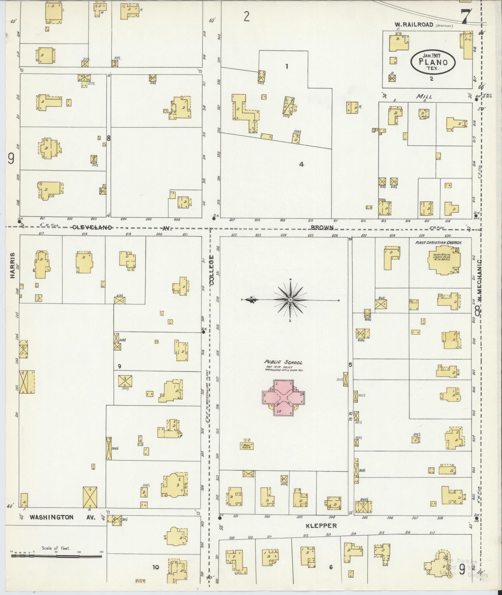Sanborn Fire Insurance Map from Plano, Collin County, Texas (1907), Sheet #0007 - Historic Sanborn Fire Insurance Map Print, vintage old map wall art, antique decor, genealogy gift, Texas Texas map