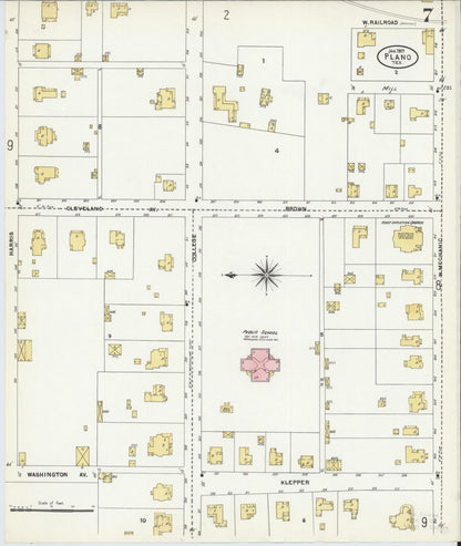 Sanborn Fire Insurance Map from Plano, Collin County, Texas (1907), Sheet #0007 - Historic Sanborn Fire Insurance Map Print, vintage old map wall art, antique decor, genealogy gift, Texas Texas map