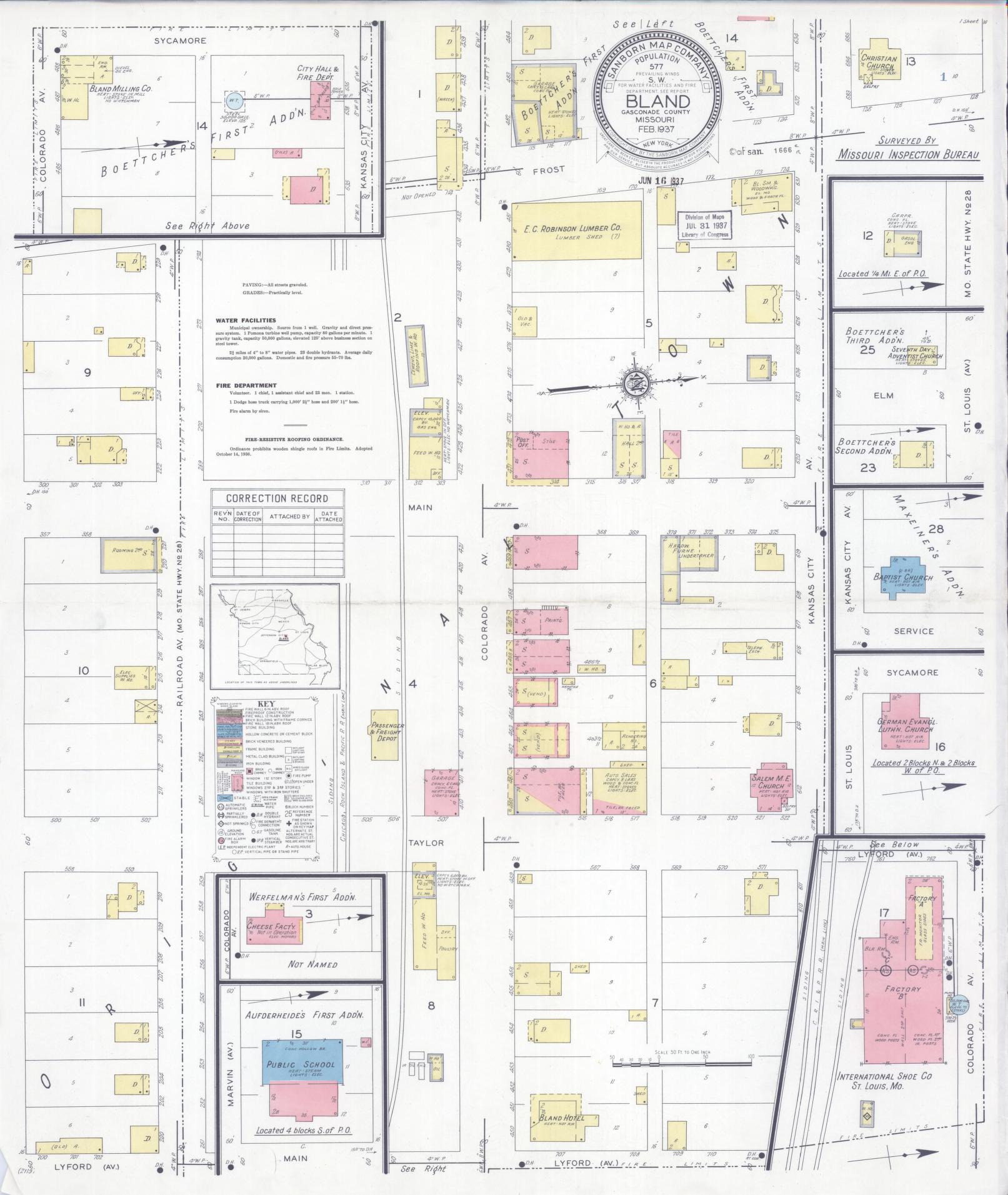 Sanborn Fire Insurance Map from Bland, Gasconade County, Missouri (1937), Sheet #0001 - Historic Sanborn Fire Insurance Map Print, vintage old map wall art, antique decor, genealogy gift, Missouri Missouri map