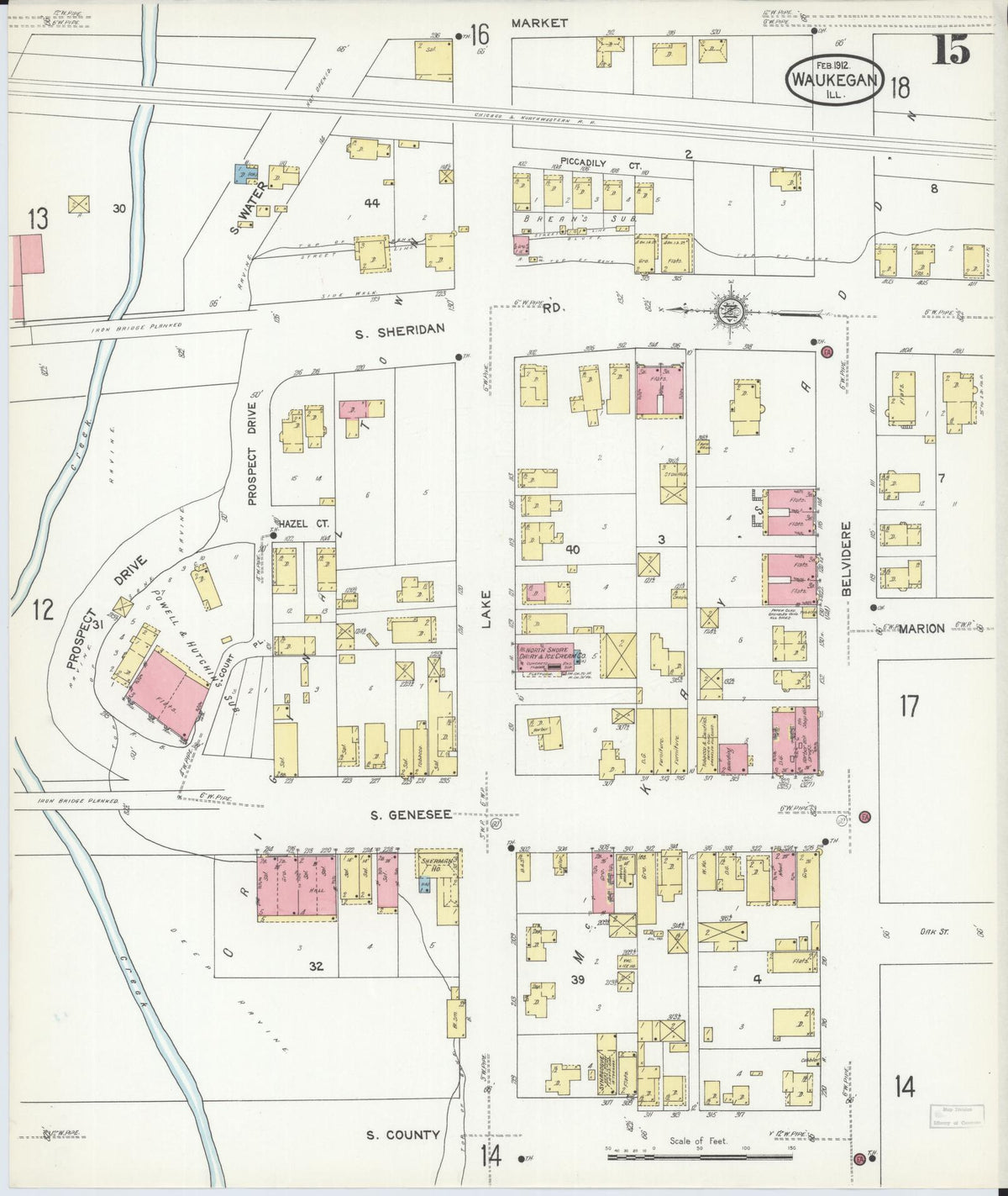 Sanborn Fire Insurance Map from Waukegan, Lake County, Illinois (1912), Sheet #0015 - Historic Sanborn Fire Insurance Map Print, vintage old map wall art, antique decor, genealogy gift, Illinois Illinois map