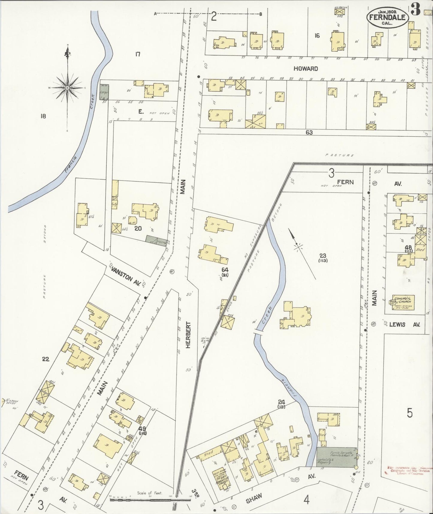 Sanborn Fire Insurance Map from Ferndale, Humboldt County, California (1909), Sheet #0003 - Historic Sanborn Fire Insurance Map Print, vintage old map wall art, antique decor, genealogy gift, California California map
