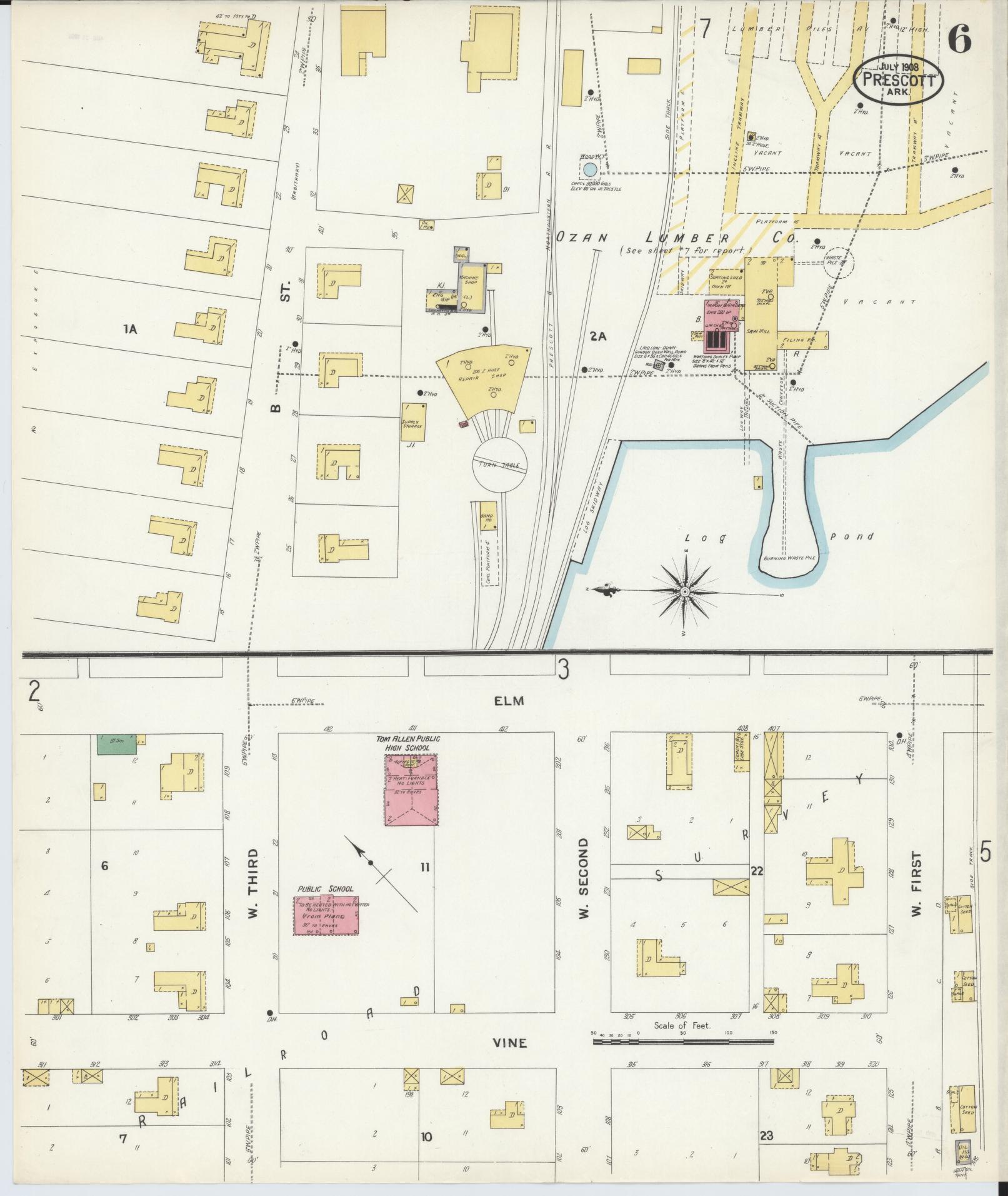 Sanborn Fire Insurance Map from Prescott, Nevada County, Arkansas (1908), Sheet #0006 - Historic Sanborn Fire Insurance Map Print, vintage old map wall art, antique decor, genealogy gift, Arkansas Arkansas map