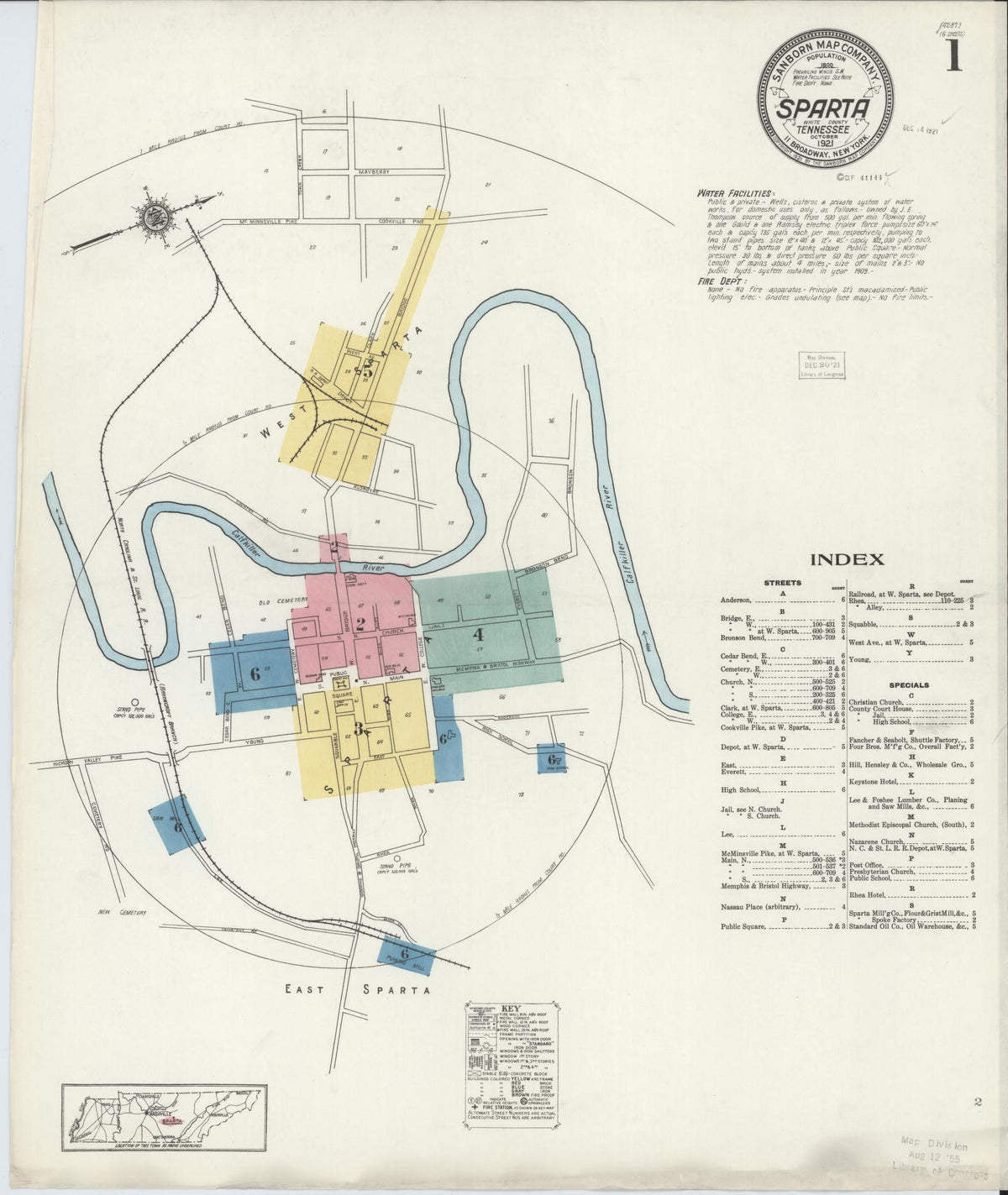 Sanborn Fire Insurance Map from Sparta, White County, Tennessee (1921), Sheet #0001 - Historic Sanborn Fire Insurance Map Print, vintage old map wall art, antique decor, genealogy gift, Tennessee Tennessee map